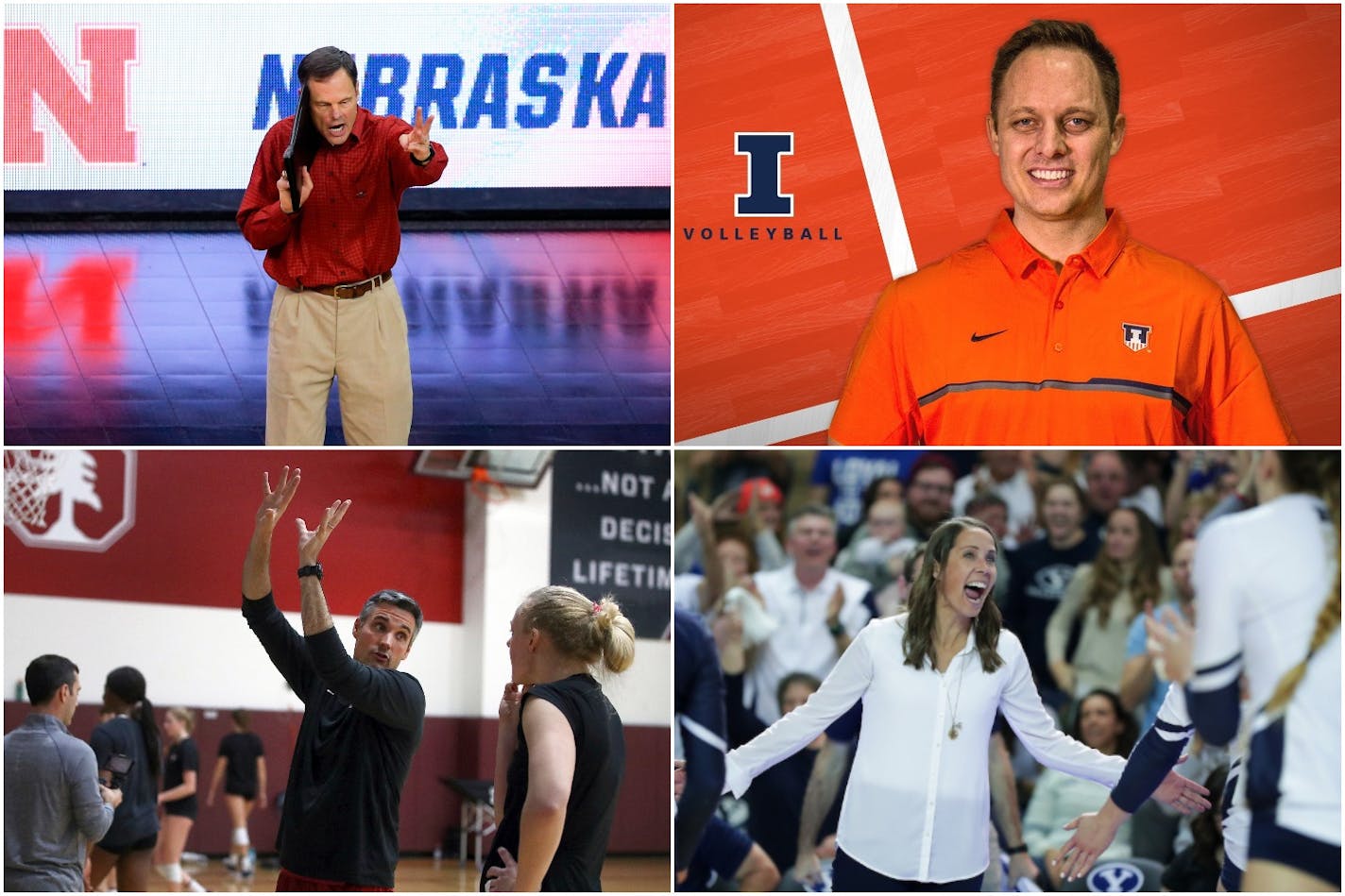 Clockwise from upper left: coaches John Cook of Nebraska, Chris Tamas of Illinois, Heather Olmstead of BYU and Kevin Hambly of Stanford have their teams into this weekend's Final Four at Target Center.