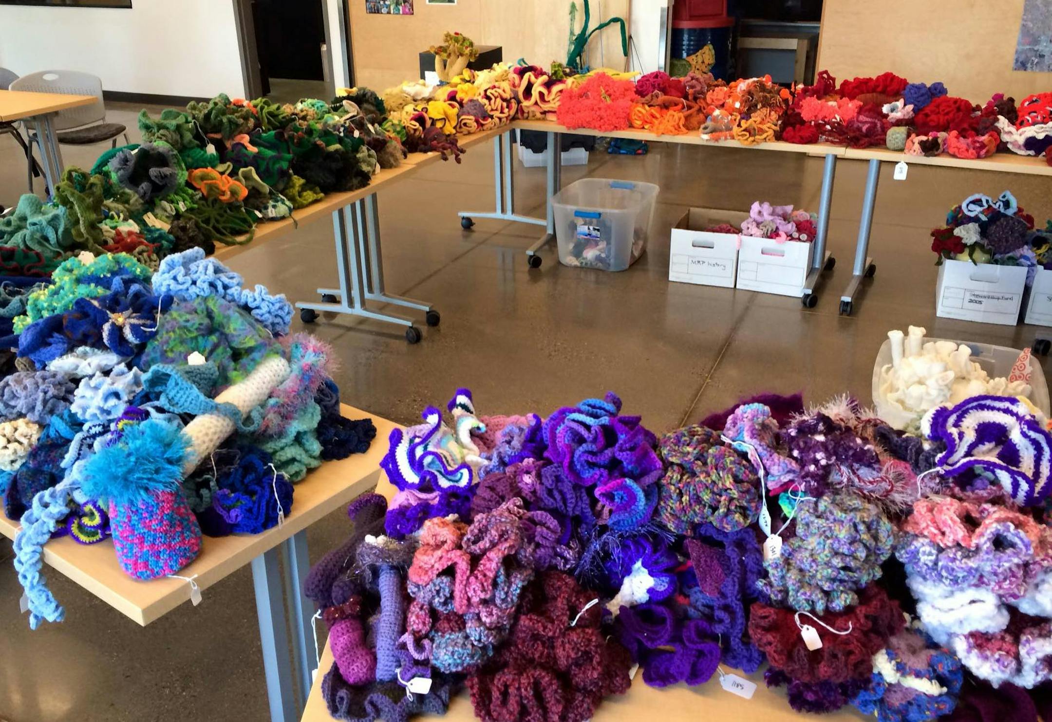 Minneapolis Institute of Art: In preparation for the Minneapolis Satellite Reef, part of an international project to raise awareness of issues affecting the Great Barrier Reef, for which the teen art club took part, yarns were sorted by color. 