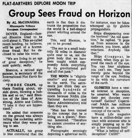 The Tribune's interview with the head of the International Flat Earth Society published July 19, 1969.