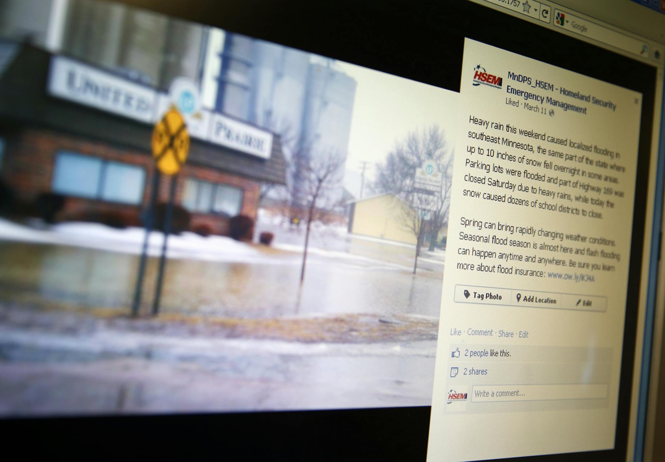 At the Homeland Emergency Security Management office in St. Paul, a Facebook post on a recent spring flood in Mankato was put out by the agency.]rtsong-taatarii@startribune.com