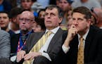 Houston Rockets head coach Kevin McHale, left, looks on with assistant coach Chris Finch while facing the Denver Nuggets in the first quarter of an NB