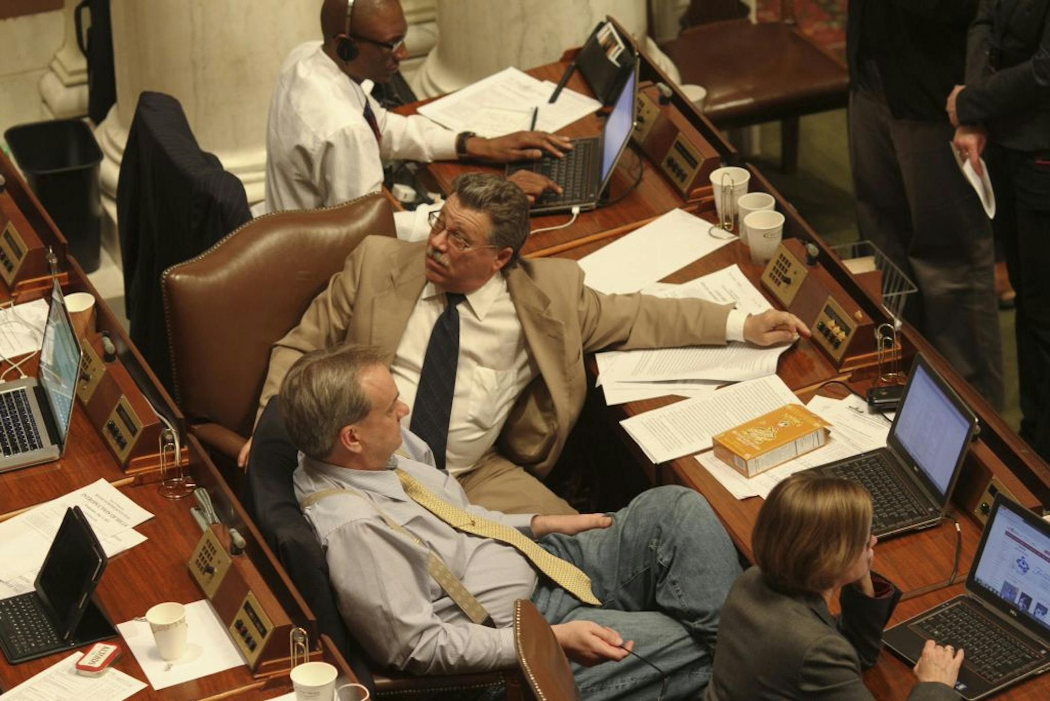 Rep. Tom Rukavina (DFL) looked up at the voting board as members voted on whether to allow the Vikings stadium bill to come to a vote on the floor at the State Capitol in St. Paul, early Thursday, May 10, 2012.