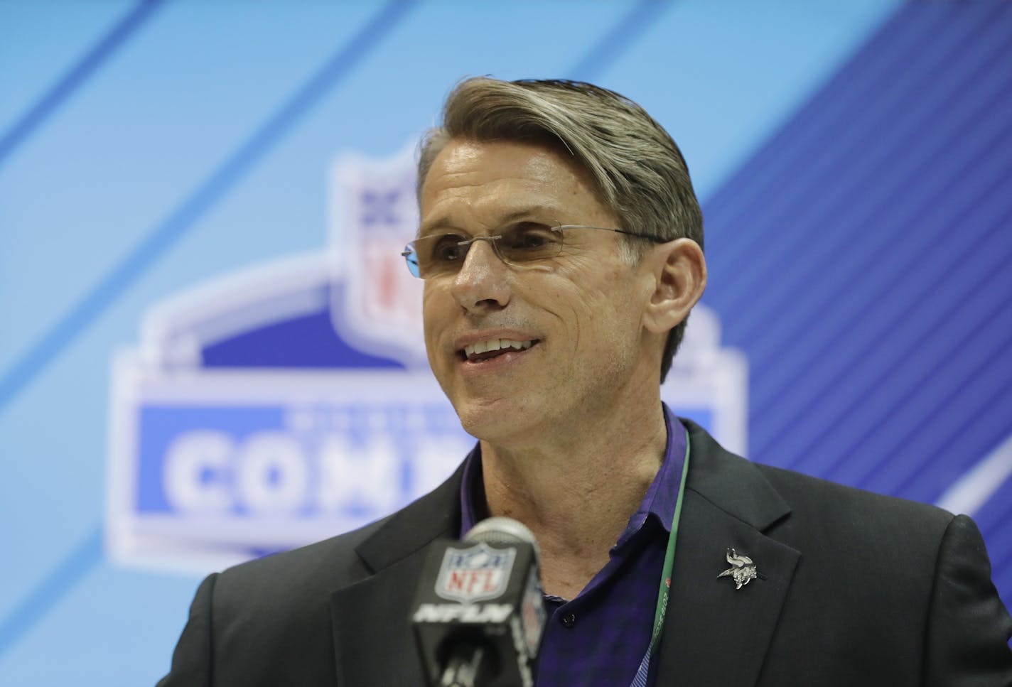 Minnesota Vikings general manager Rick Spielman speaks during a press conference at the NFL football scouting combine, Wednesday, Feb. 28, 2018, in Indianapolis. (AP Photo/Darron Cummings)