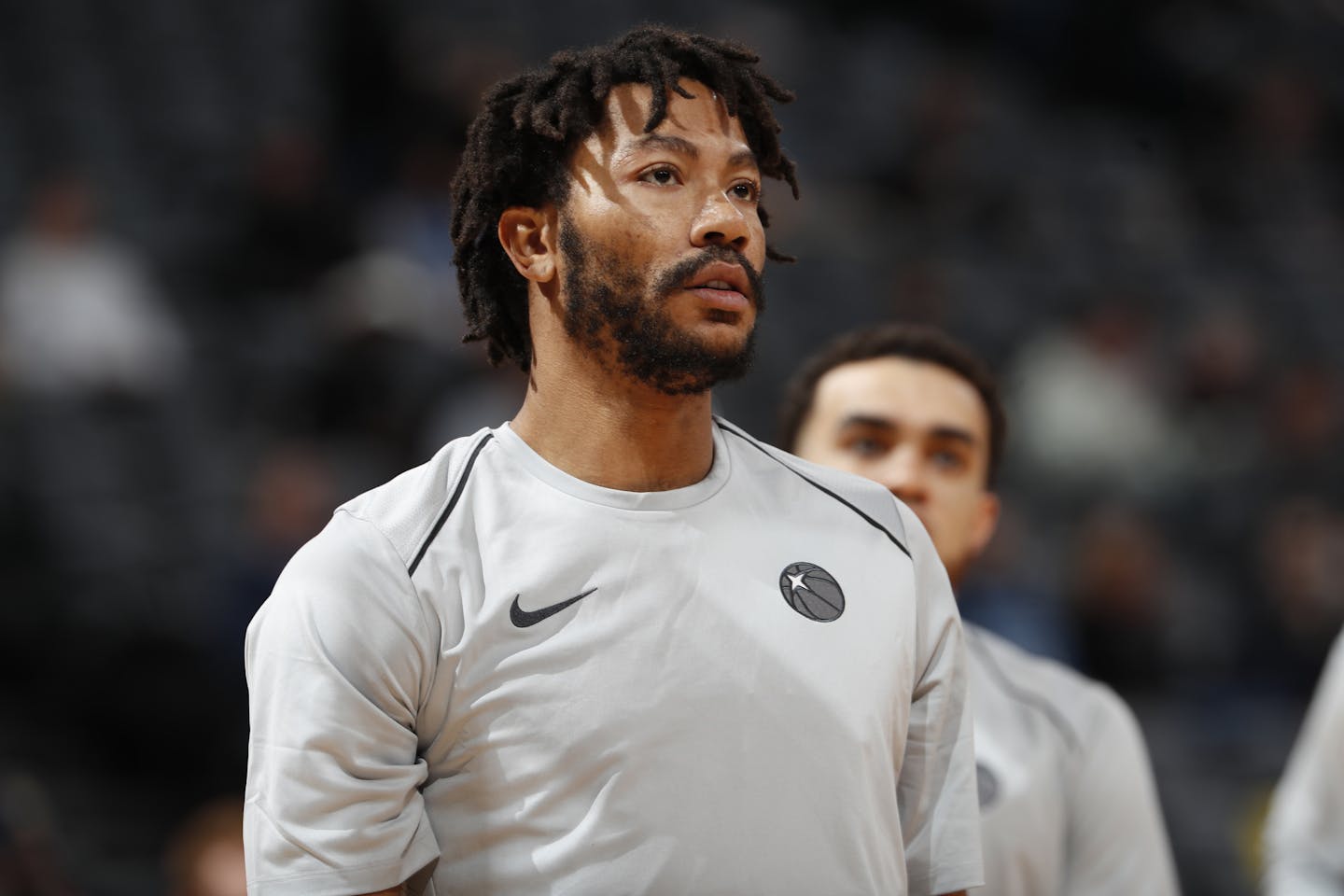 Minnesota Timberwolves guard Derrick Rose (25) in the first half of an NBA basketball game Thursday, April 5, 2018, in Denver. (AP Photo/David Zalubowski) ORG XMIT: OTKDZ107