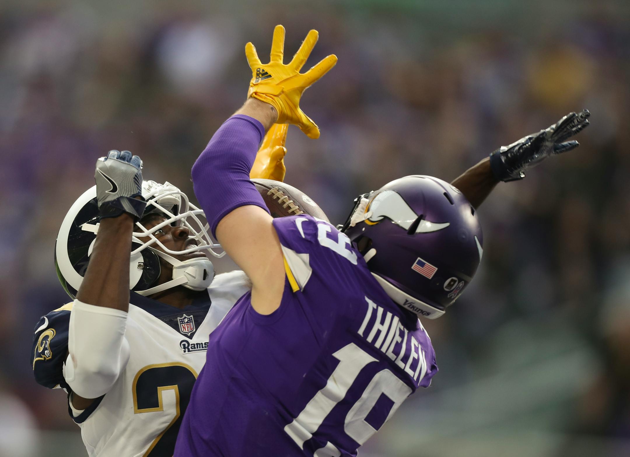 Los Angeles Rams free safety Lamarcus Joyner (20) broke up a pass intended for Minnesota Vikings wide receiver Adam Thielen (19) in the end zone in the second quarter.