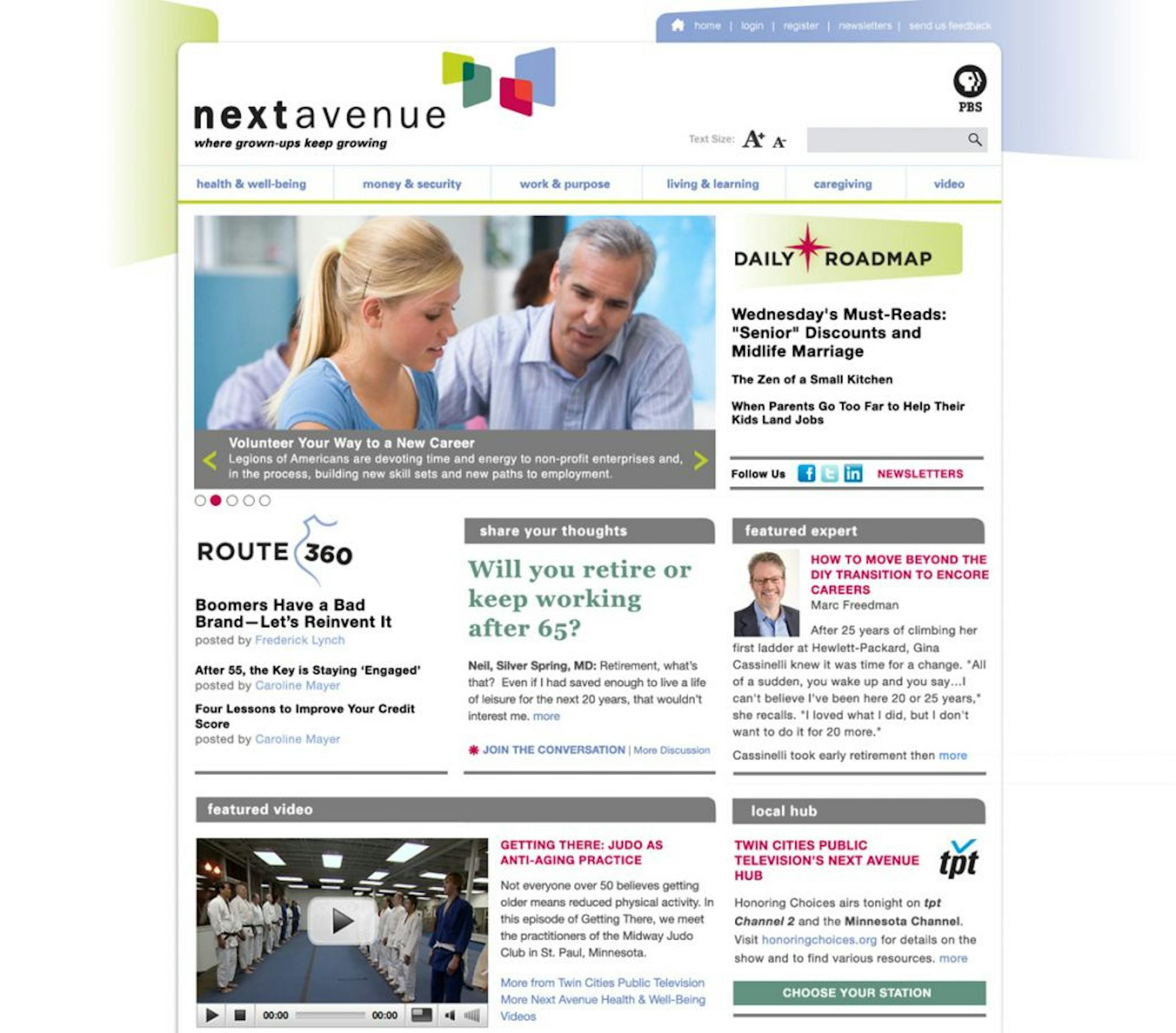 Homepage of the PBS website Next Avenue.