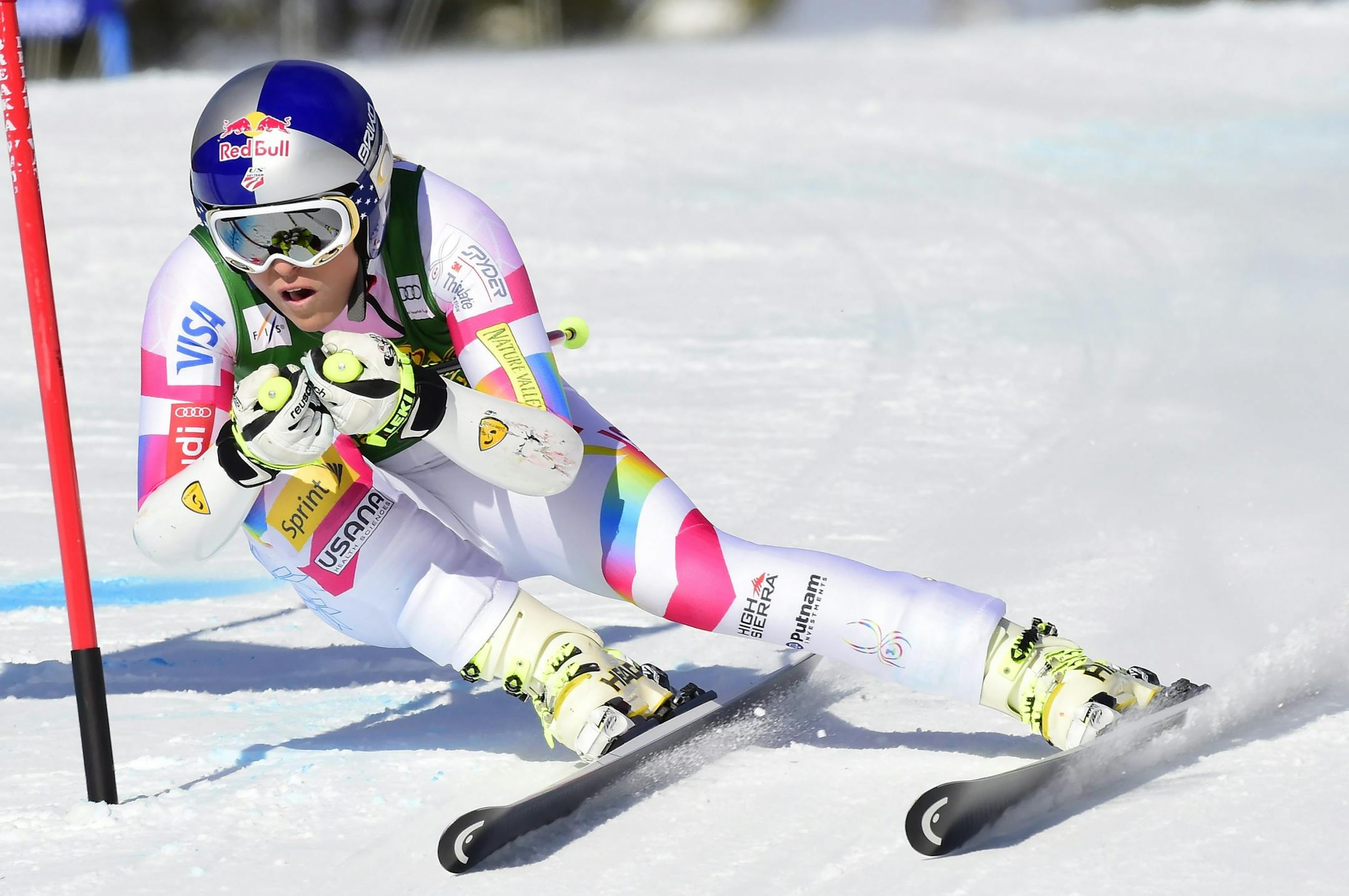 Lindsey Vonn of the United States races down the hill during the women's World Cup Super-G ski race in Lake Louise, Alberta, Sunday, Dec. 7, 2014.