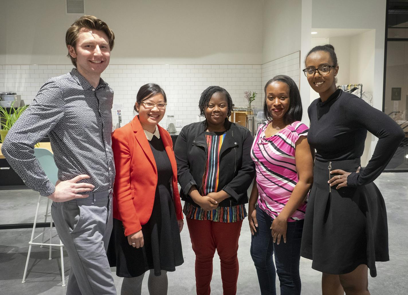 The first cohort of social enterprise entrereneurs to complete the nine-month "Finnovation" business accelerator program: Nick Alm, Michelle Trans Meryns, Precious Drew, Junita Flowers, and Mimi Aboubaker Photo: Nick Theisen