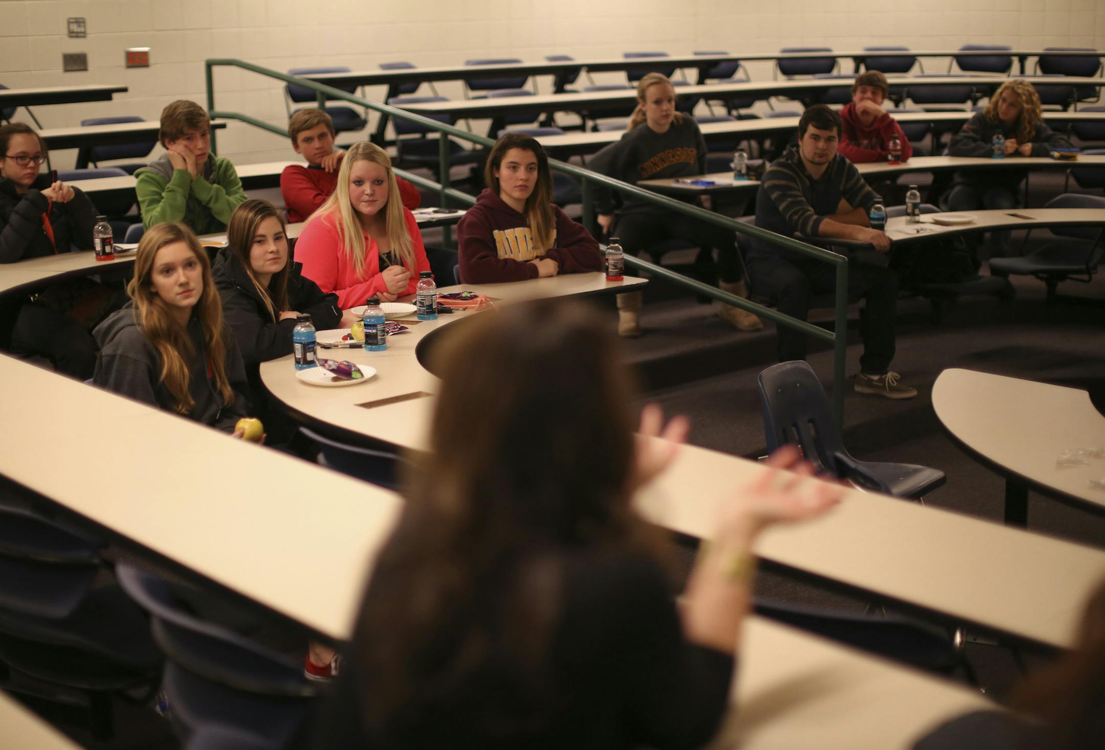 Peer Helpers is a program at Hastings High School aimed at teaching students how to counsel and help their fellow students with family, mental health, academic and chemical abuse issues.The idea is that students prefer talking with fellow students about their problems, whenever possible. Student members of Peer Helpers listened as Hastings High School counselor Kim Hoff, foreground, made a comment during a presentation by a Hastings Police officer at their monthly meeting Tuesday night, December