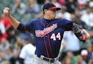 Minnesota Twins starting pitcher Kyle Gibson (44) throws against the Chicago White Sox during the seventh inning of a baseball game, Sunday, May 24, 2