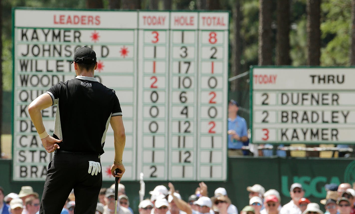 Martin Kaymer, of Germany, looks at his name on top of the leaderboard on the second hole during the second round of the U.S. Open golf tournament in Pinehurst, N.C., Friday, June 13, 2014. (AP Photo/Charlie Riedel)