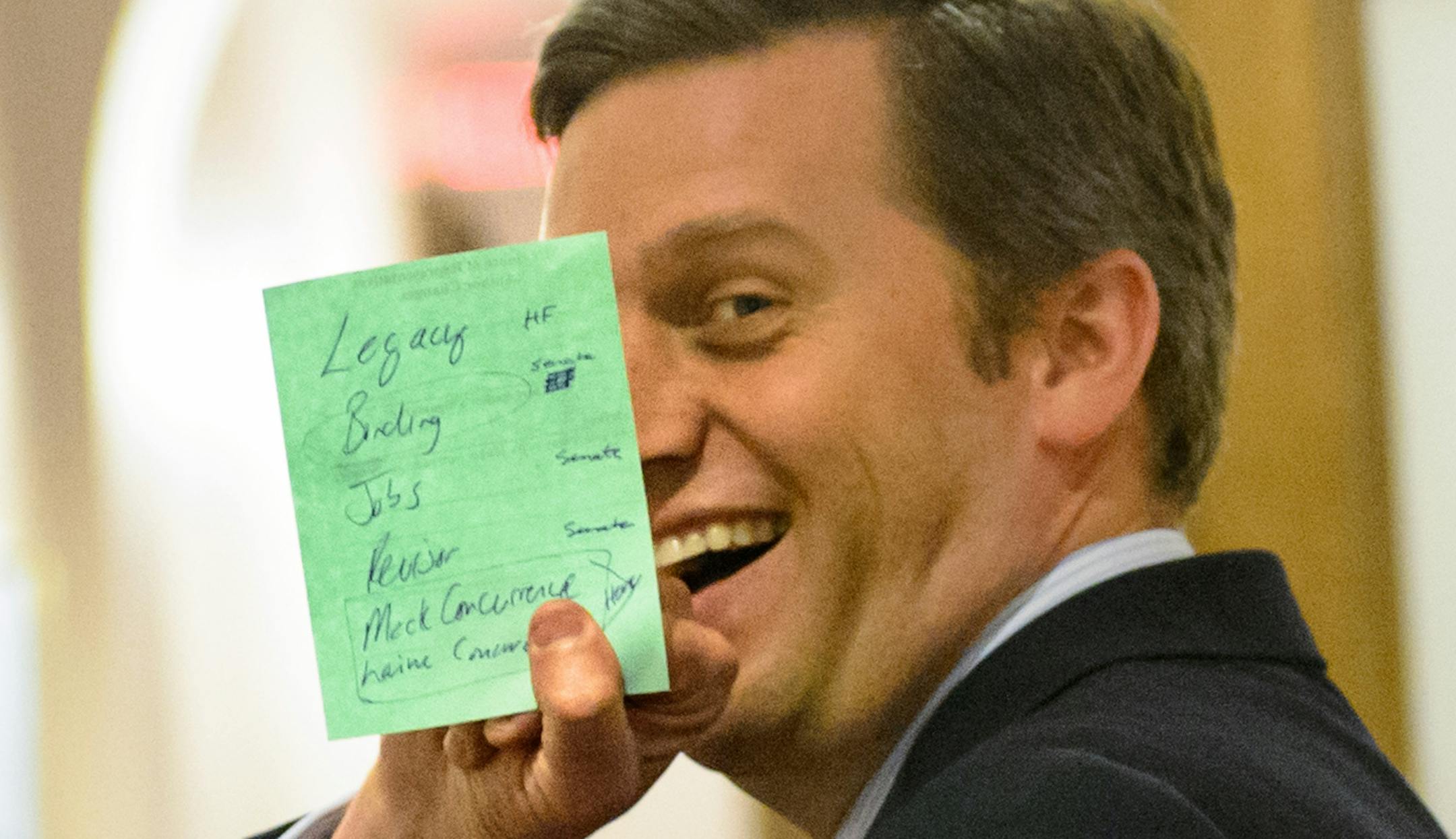 At 10:30 p.m. with 90 minutes left to the session, House Speaker Kurt Daut laughed when asked if an education bill was in the works and said "I have a list of bills to get off the floor tonight, thats what I'm working on." This as he left Tom Bakk's office. ] GLEN STUBBE * gstubbe@startribune.com Monday, May 18, 2015