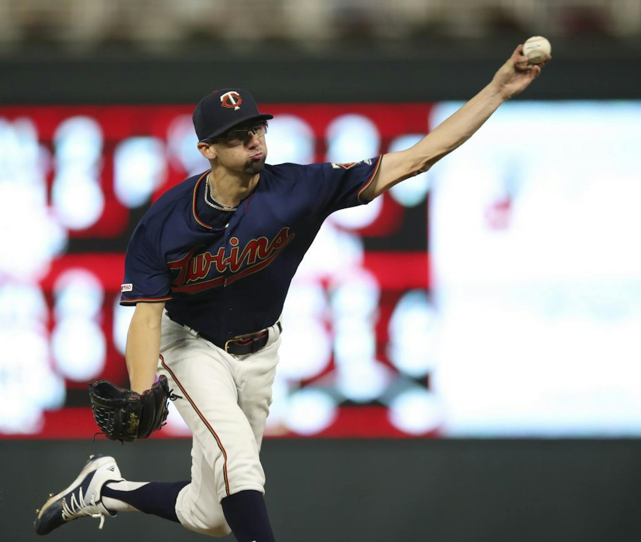 Twins reliever Devin Smeltzer, called up from Rochester Wednesday, throwing pitch that New York Yankees designated hitter Edwin Encarnacion (30) knocked for a solo homer to left in the ninth inning.