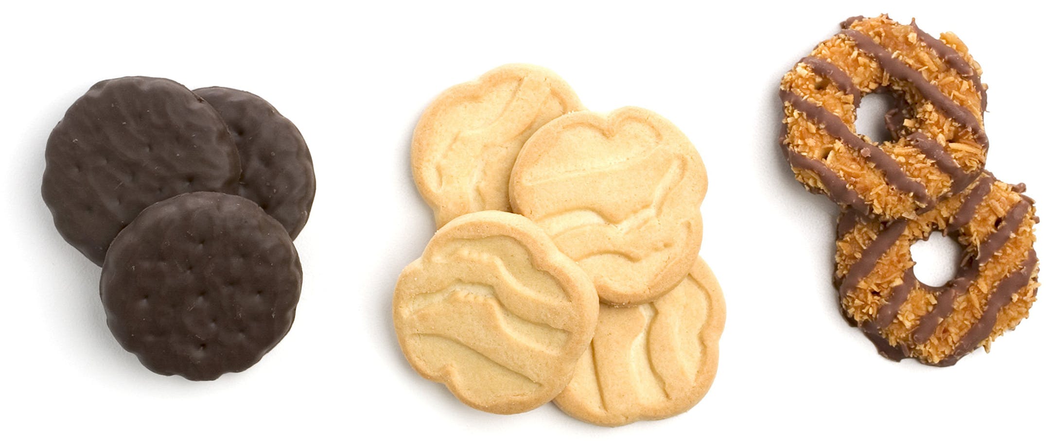 Popular Girl Scout cookies include Thin Mint, Shortbread and Caramel Delight.