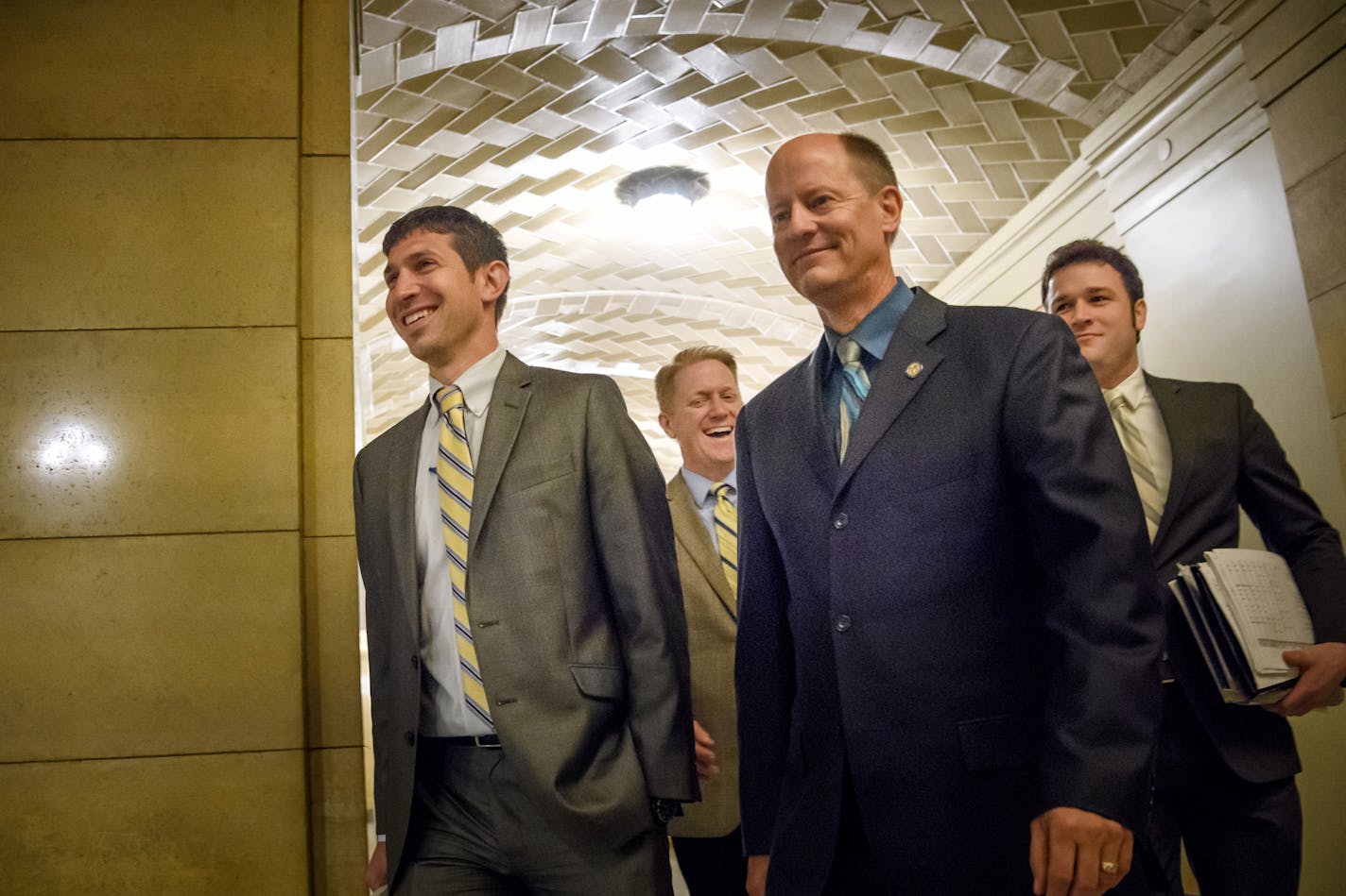 Senate Deputy Majority Leader Jeremy Miller and Senate Majority Leader Paul Gazelka arrived at the Governor's Cabinet room for budget negotiations.