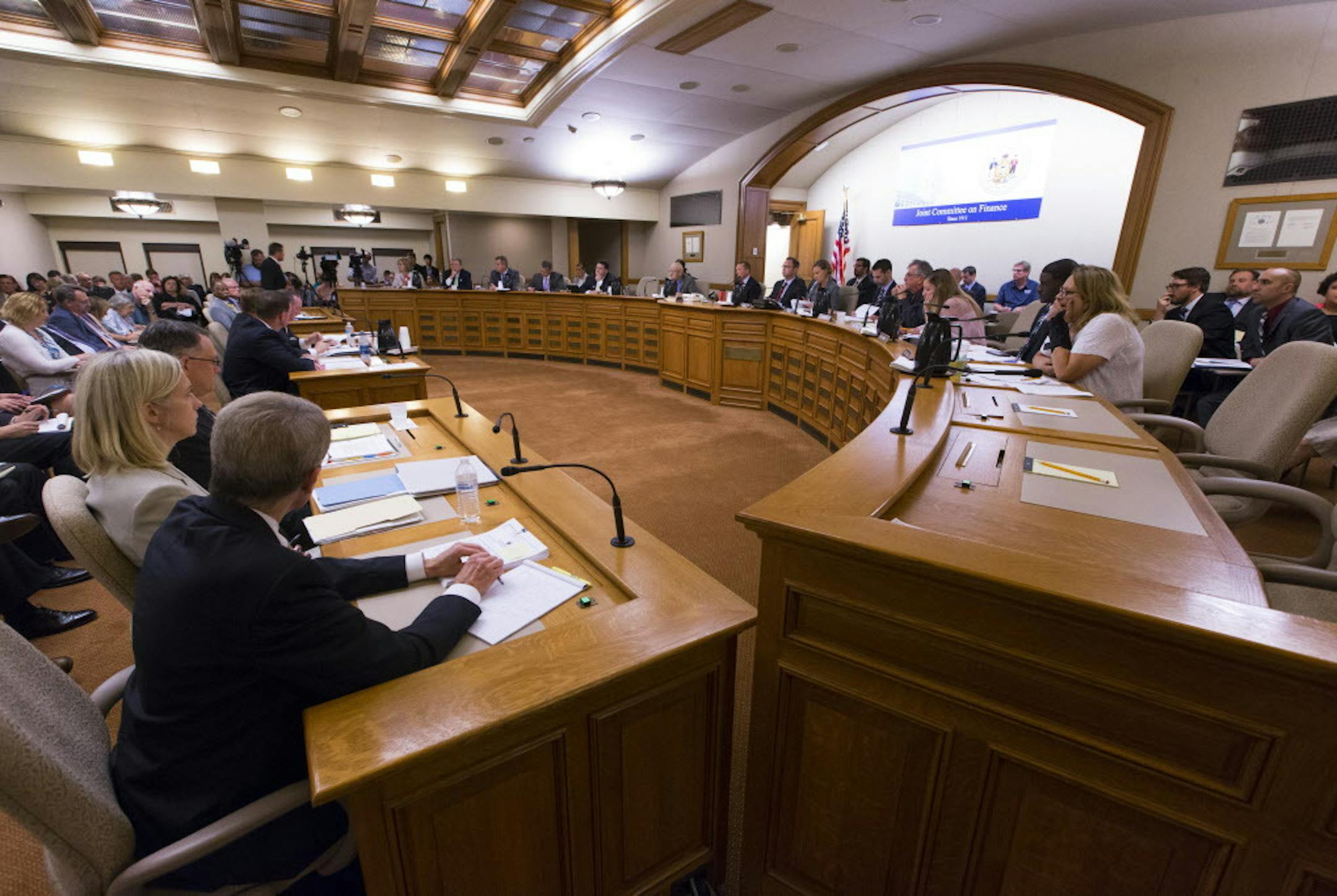 FILE - In this Aug. 3, 2017 photo, the Wisconsin Assembly Committee on Jobs and Economy meets about the incentive deal for Taiwan-based Foxconn Technology Group, at the state Capitol in Madison, Wis. The Legislature may change state law to expedite court appeals involving the proposed plant to be built by Foxconn. The budget-writing committee was to vote on a proposal Tuesday, Sept. 5, 2017, that would require the state Supreme Court to hear any appeals of circuit court rulings involving Foxconn
