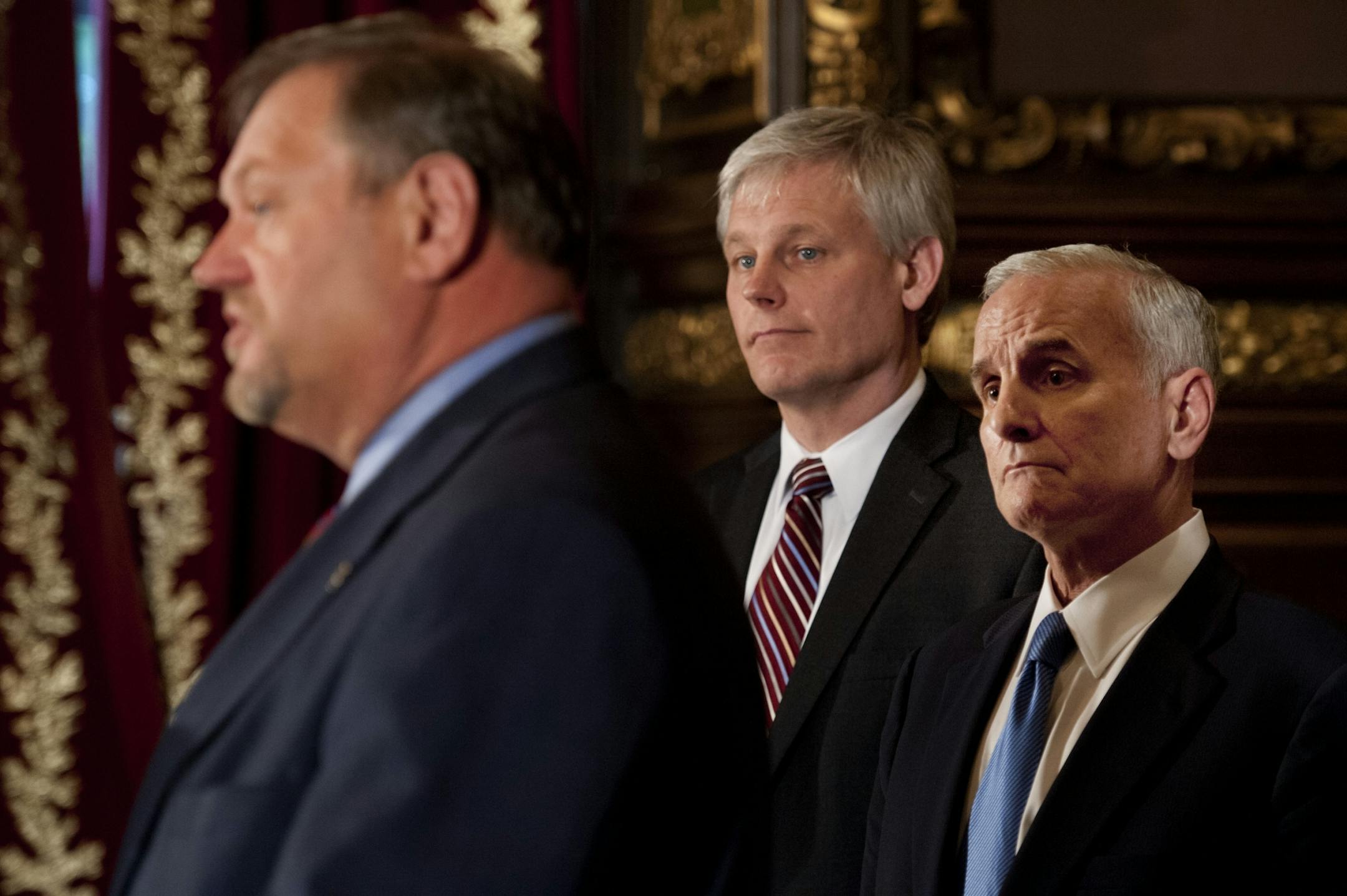 Governor Mark Dayton, flanked by House Minority Leader Paul Thissen, Senate Minority Leader Thomas Bakk and Minneapolis Mayor R.T. Rybak, blasted the new Vikings stadium plan coming from the GOP. Tuesday, May 1, 2012,