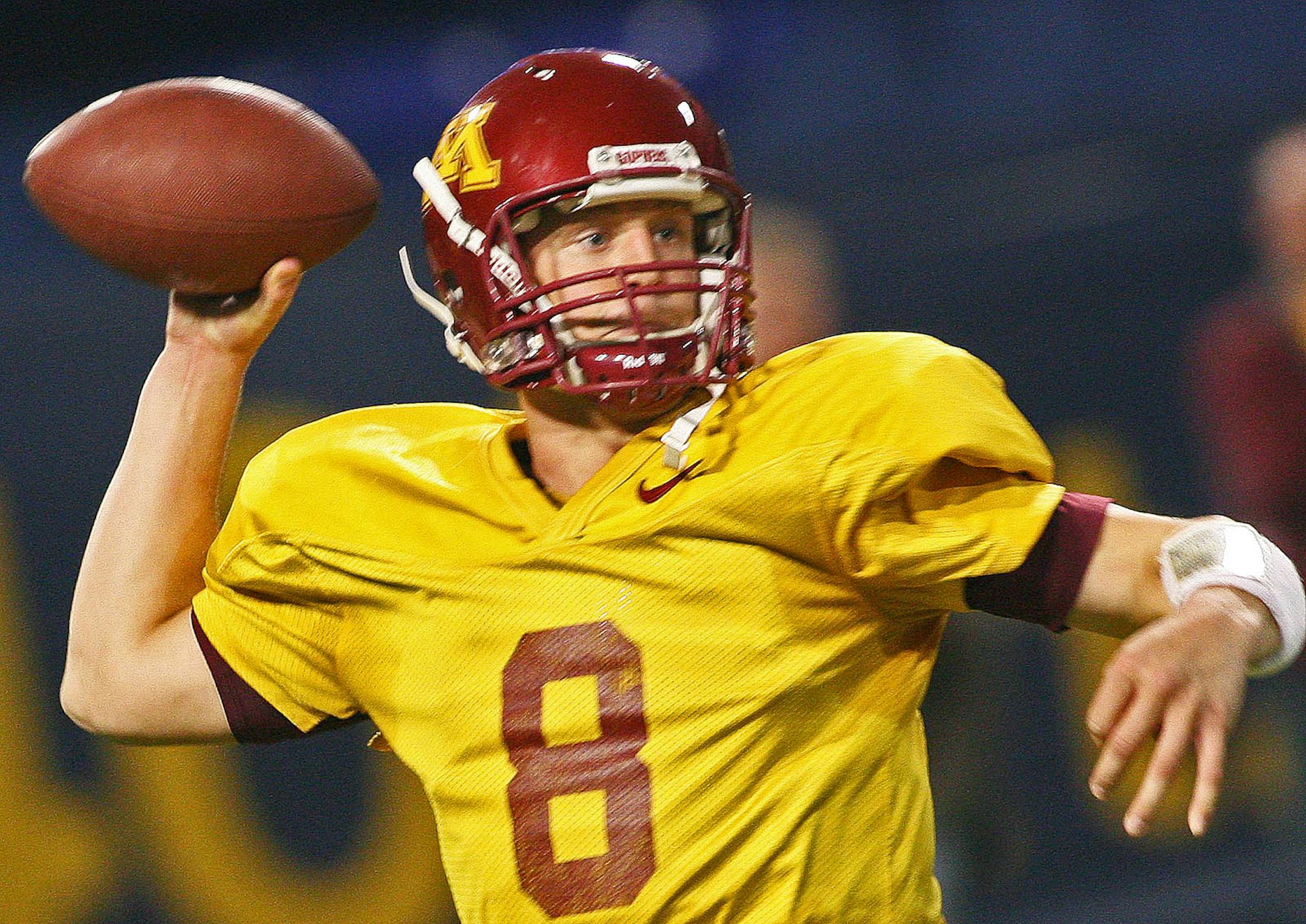 GENERAL INFORMATION: Gophers Spring football scrimmage with emphasis on quarterbacks Adam Weber and Clint Brewster. David Pittman is injured and did not play.Quarterback Adam Weber completed a pass.