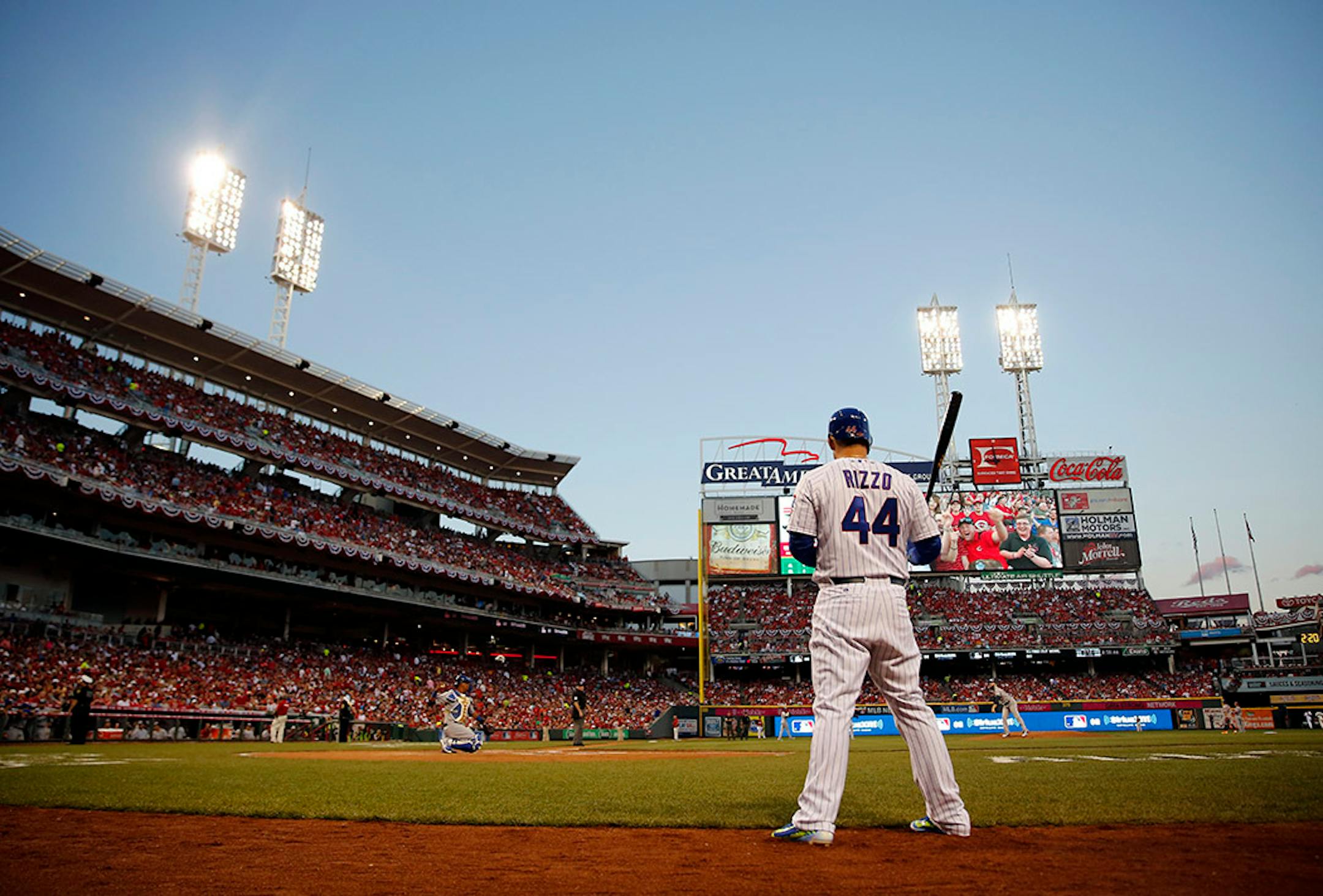 National League's Anthony Rizzo, of the Chicago Cubs, prepares to bat during the second inning of the MLB All-Star baseball game, Tuesday, July 14, 2015, in Cincinnati.