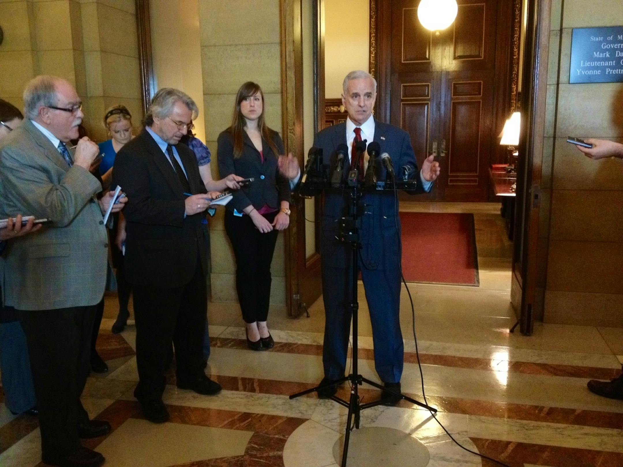 Gov. Mark Dayton talked with reporters Thursday about NFL officials coming to Minnesota to join talks on a new Vikings stadium.