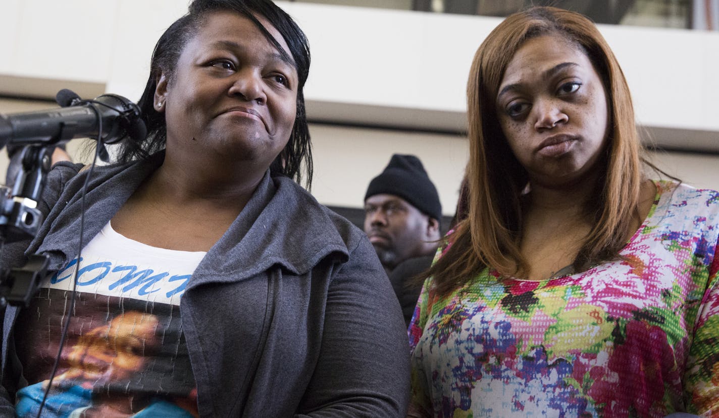 Daughter of Birdell Beeks, Sa'Lesha Beeks, aid the word "Justice" as she was asked how she felt after the sentencing of Joshua Ezeka to life in prison at the Hennepin County Courthouse in Minneapolis, Minn., on Monday, February 26, 2018. At right is her sister and Da-Lesha Beeks who also gave an victim impact statement. ] RENEE JONES SCHNEIDER &#x2022; renee.jones@startribune.com