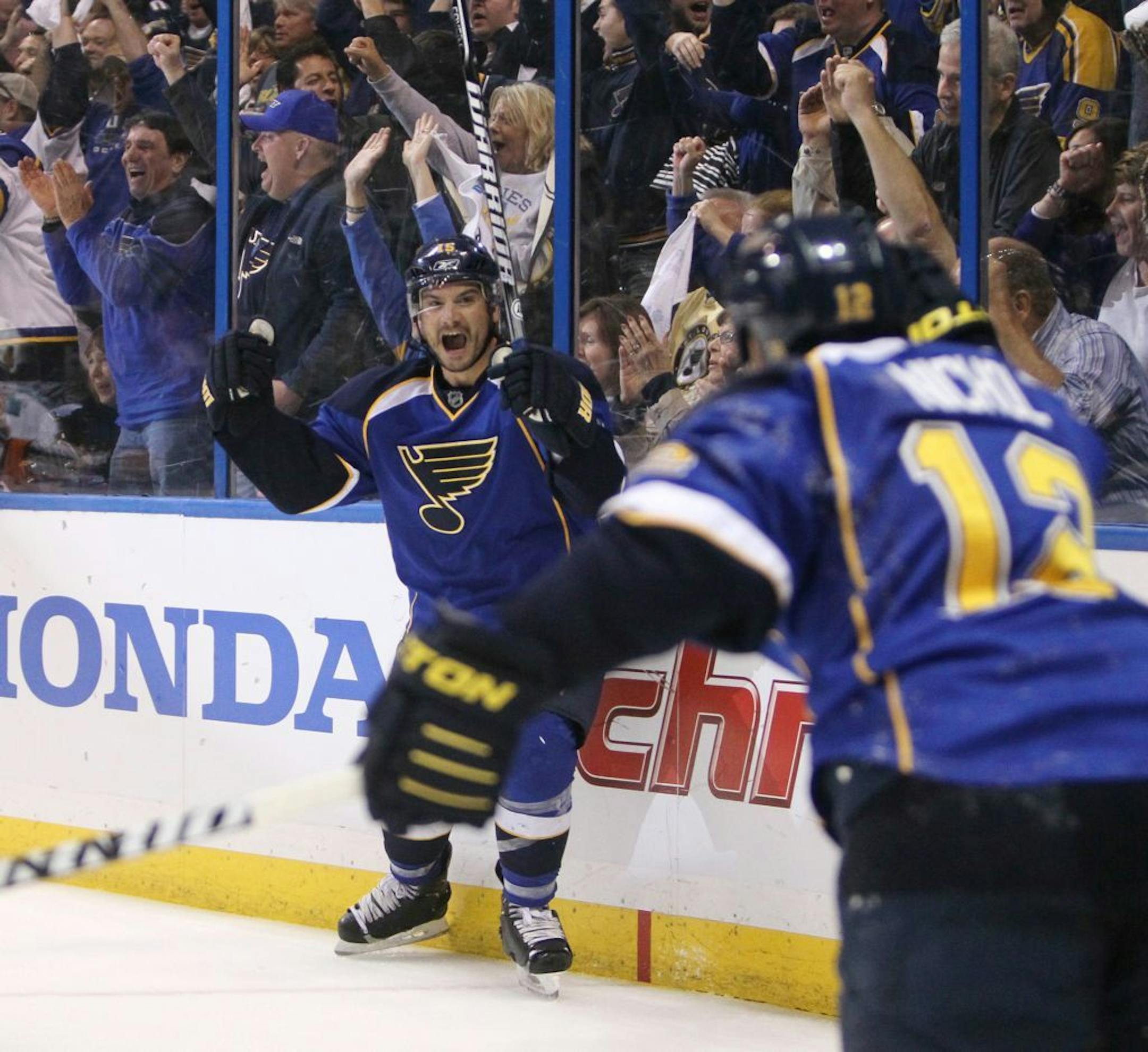 St. Louis Blues right wing Jamie Langenbrunner celebrates after scoring the tying goal against the San Jose Sharks in the third period of Game 5 of the Western Conference Quarterfinals in 2012.