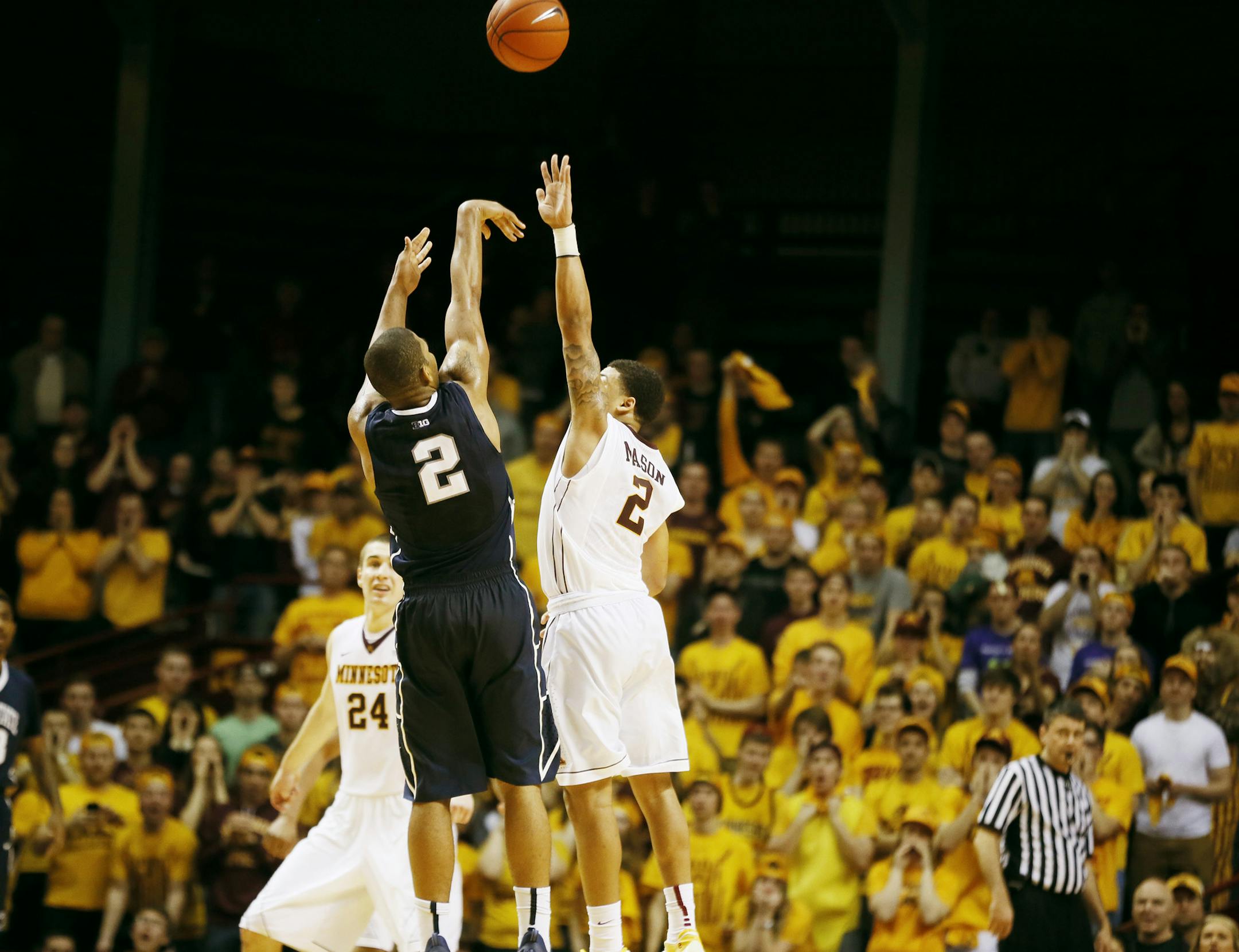 Penn State D.J. Newbill hit the wining 3 point shot over Minnesota Golden Gophers guard Nate Mason (2).Minnesota lost to Penn State79-76 at Williams Arena Sunday March 8, 2015 in Minneapolis, Minnesota. ] Jerry Holt/ Jerry.Holt@Startribune.com