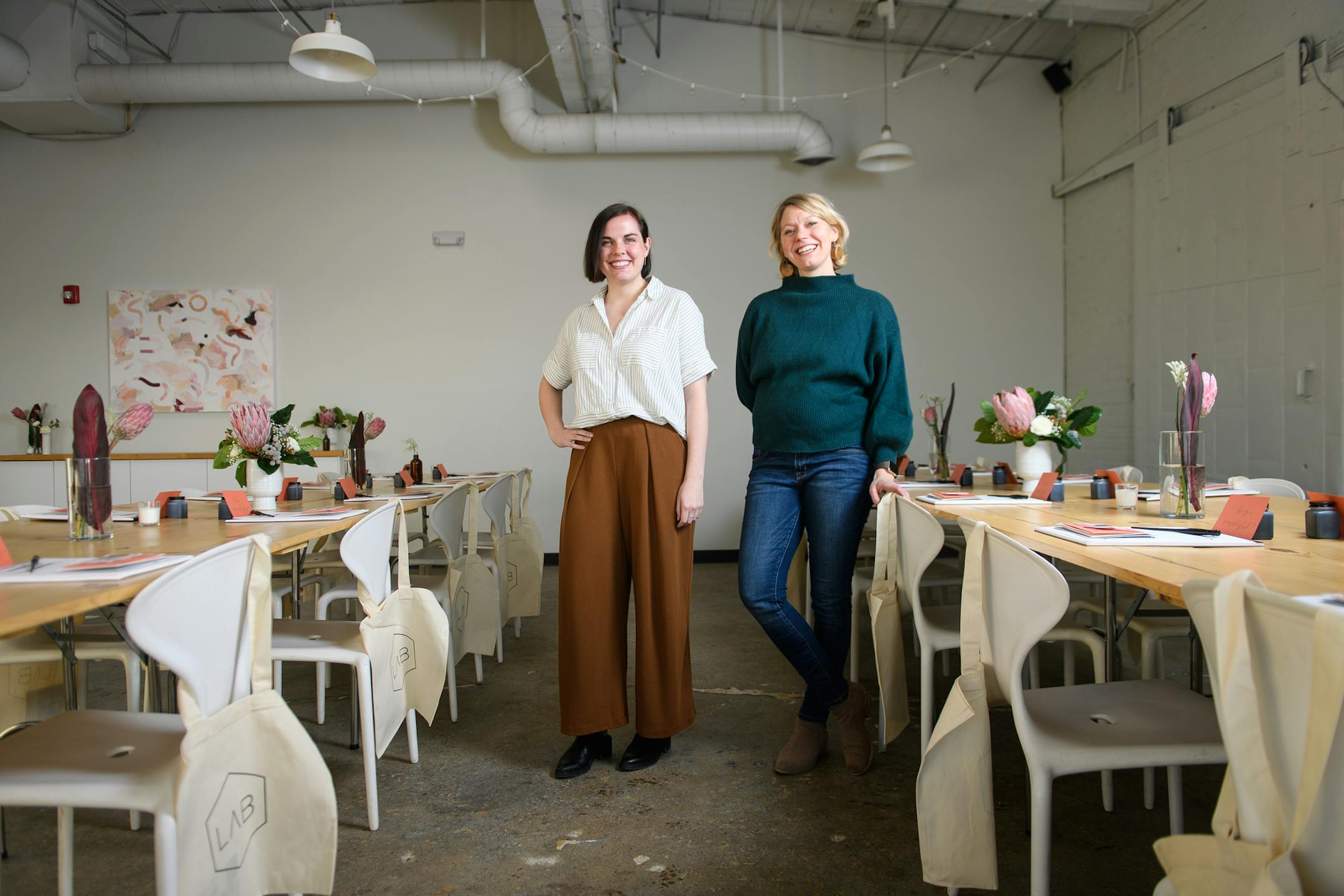 LAB co-owners Jessica Moriarty, left, and Mollie Windmiller stood for a portrait in their space on Wednesday, Feb. 7, 2018 at LAB in Minneapolis. ] AARON LAVINSKY ï aaron.lavinsky@startribune.com Think of it as a hipper version of continuing education. A couple of Minneapolis millennials started a new business offering creative workshops for craft and corporate clients on topics ranging from calligraphy to SEO. We photograph co-owners Jessica Moriarty and Mollie Windmiller Wednesday, Feb. 7