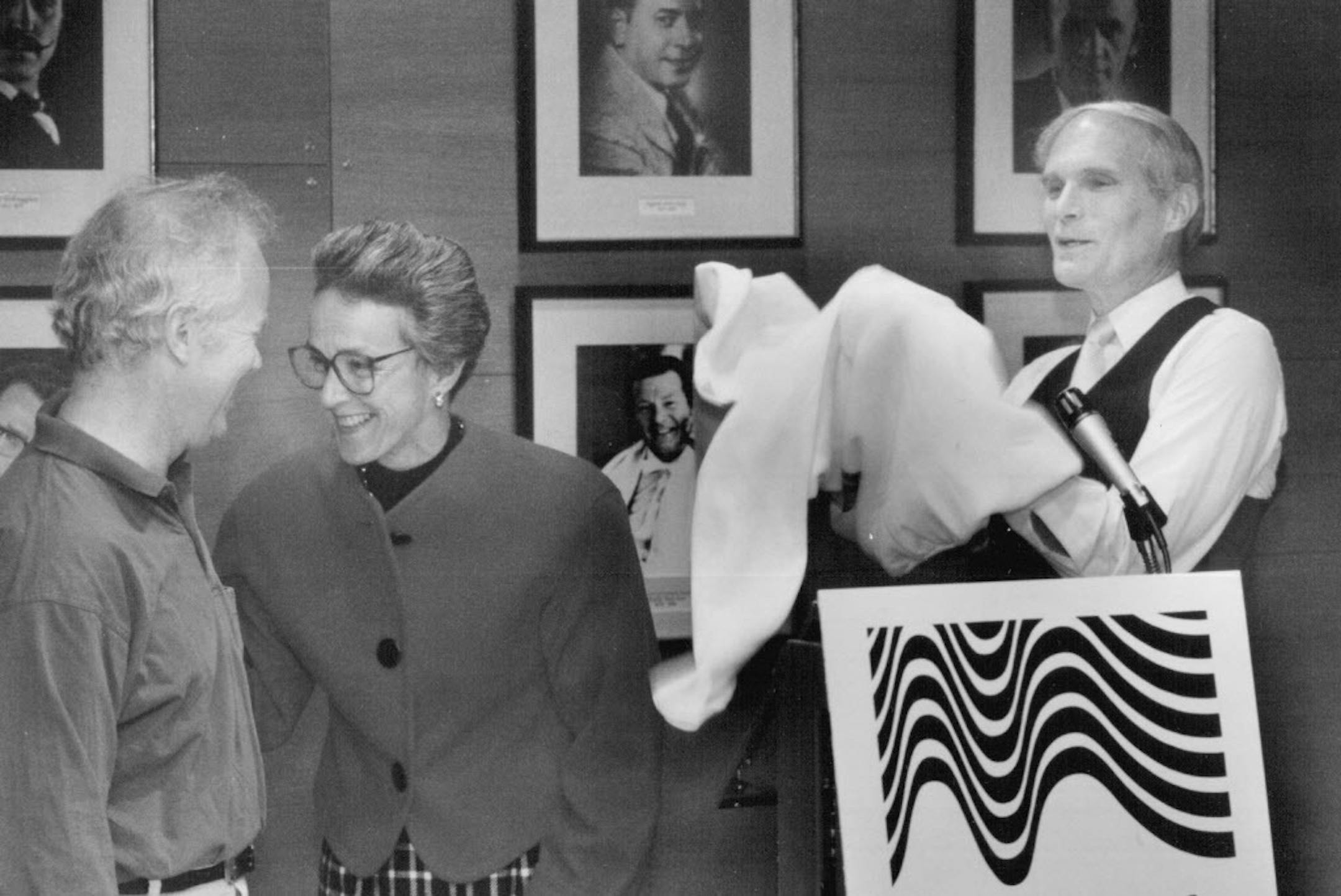 September 19, 1991 Nicky Carpenter (center), chairman of the board of directors of the Minnesota Orchestral Association and Edo De Waart, (left), music director talks as David J. Hyslop, new president of the Association put on an official Minnesota Orchestra t-shirt during his introduction to the media. September 20, 1991 Bruce Bisping, Minneapolis Star Tribune