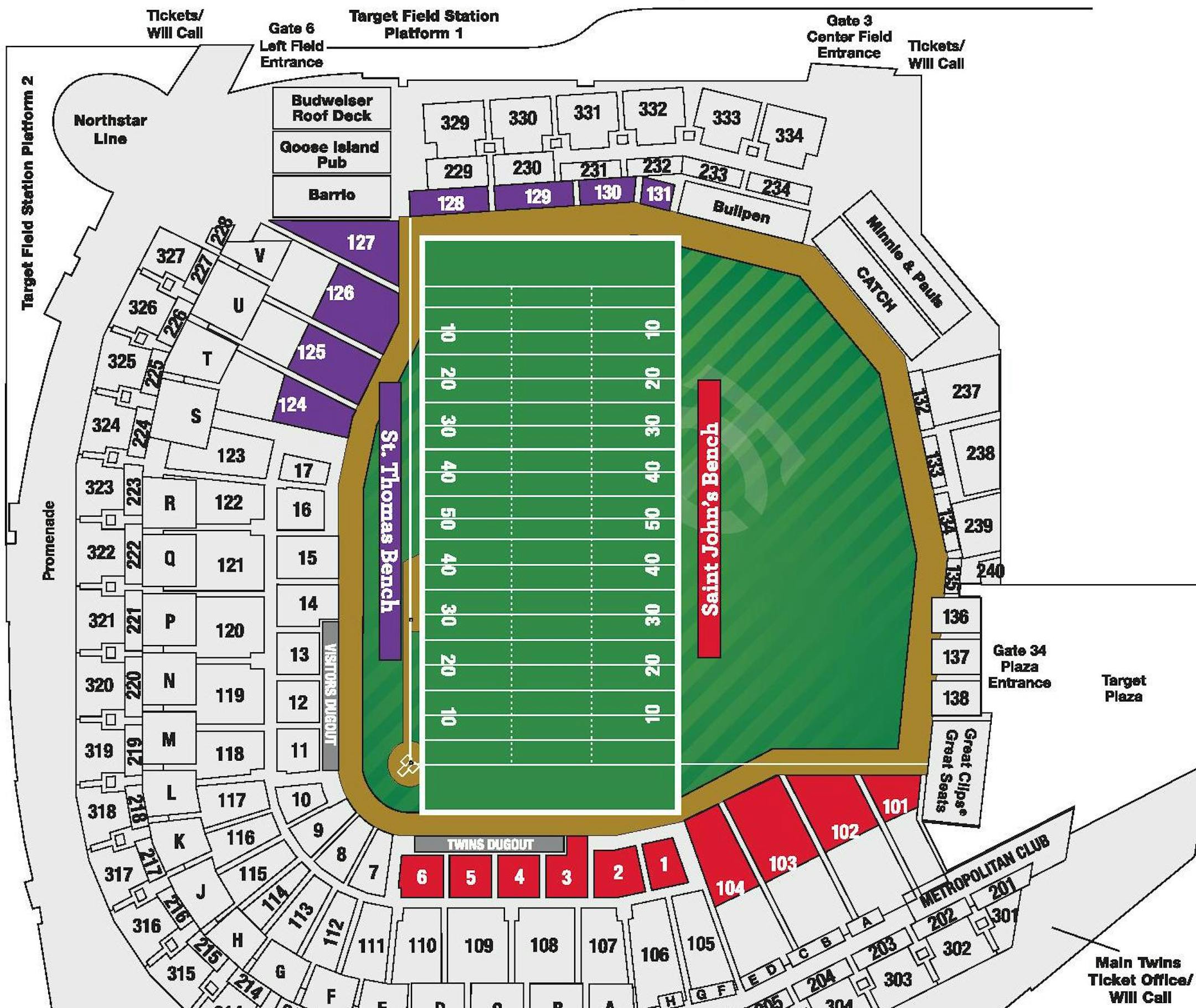 Alignment of field and student seating for St. Thomas vs. St. John's football game at Target Field in 2017. Courtesy/Minnesota Twins