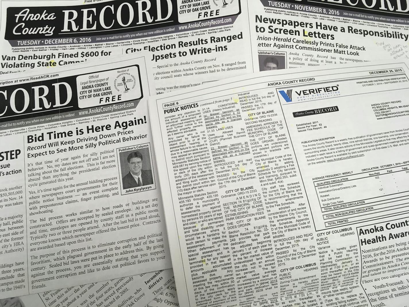 The Anoka County Record, a free weekly publication, is one of three bidders to print public notices for Anoka County this year. Despite several commissioners' objections, it has been the county's official newspaper for the last two years.