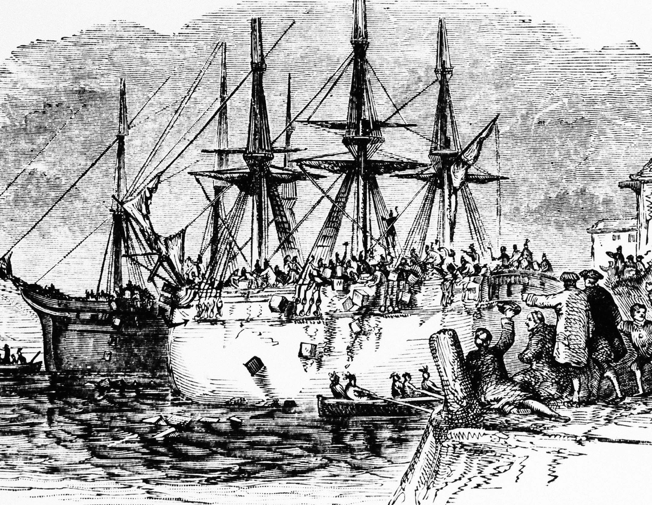 The Boston Tea Party of 1773, as depicted in an old Engraving.Bostonians dressed as Indians dumped 342 chests of tea overboard from three British ships in protest against "taxation without representation." The famous tea party took place at Griffin's Wharf, where the ships were tied up. The site remained a landmark even after the waterfront was filled in, leaving the spot several hundred yards inland. Recently there were rumors that the site was "lost". It was re-discovered in the center of rubb