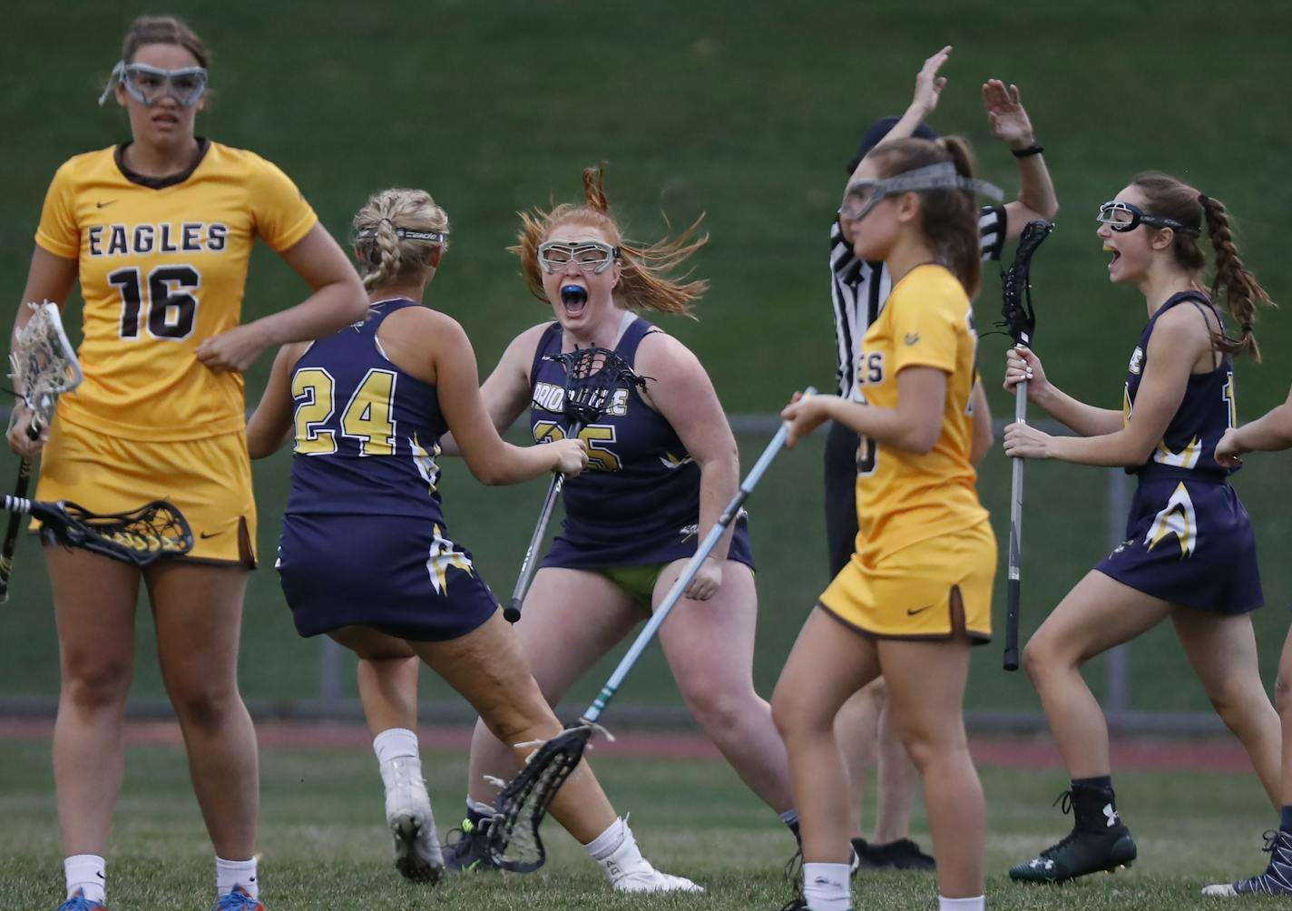 Lexi Peer(25) celebrated her winning OT shot.]Prior Lake's girls' lacrosse team will be playing at Apple Valley. No. 8 Josie Kropp, No. 9 Erin Megarry, No. 19 Jordan Anderson and No. 22 Kelly Gleason.Richard Tsong-Taatarii&#xef;rtsong-taatarii@startribune.com