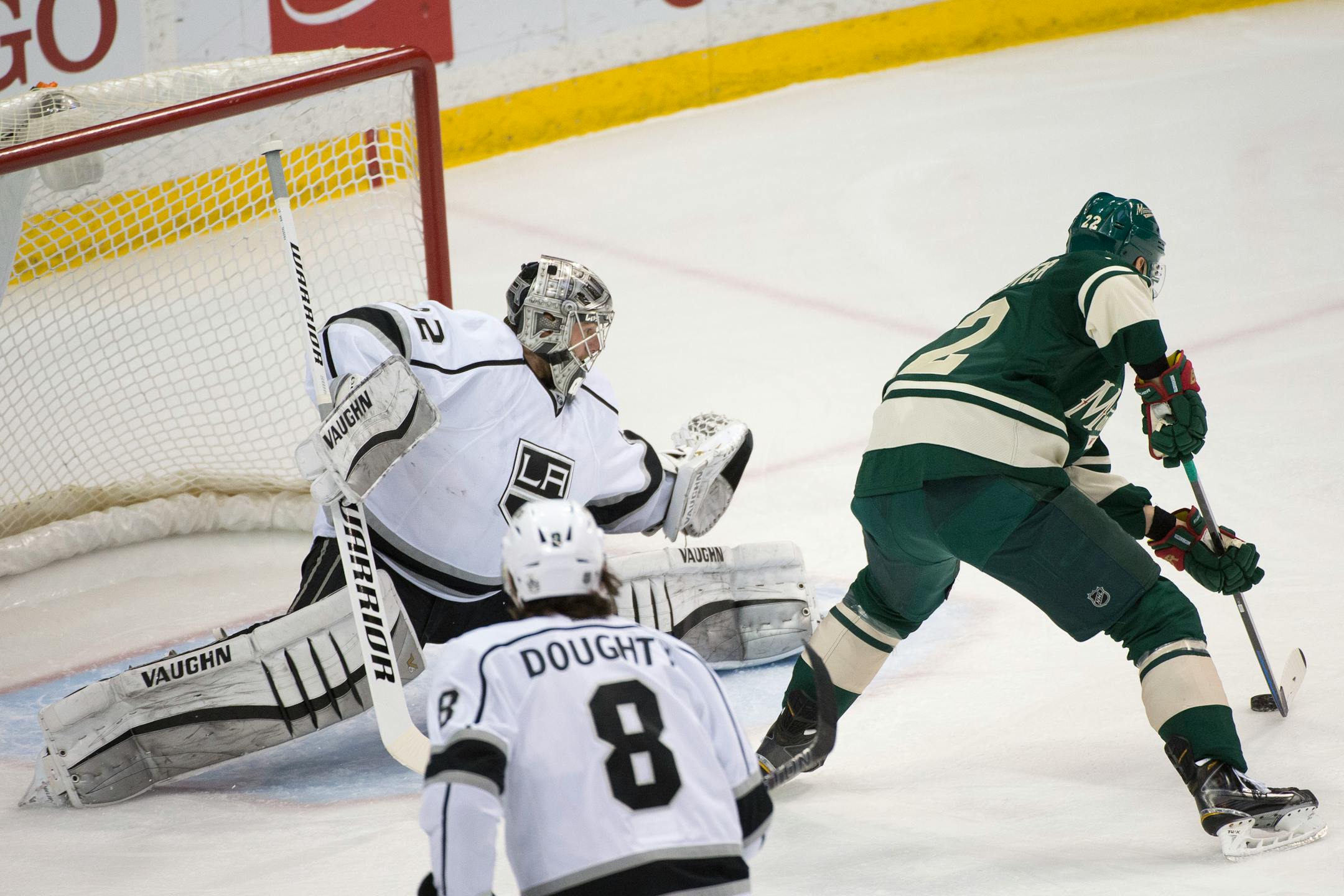 Minnesota Wild right wing Nino Niederreiter (22) sets up for a goal-scoring shot against Los Angeles Kings goalie Jonathan Quick (32) during the first period.