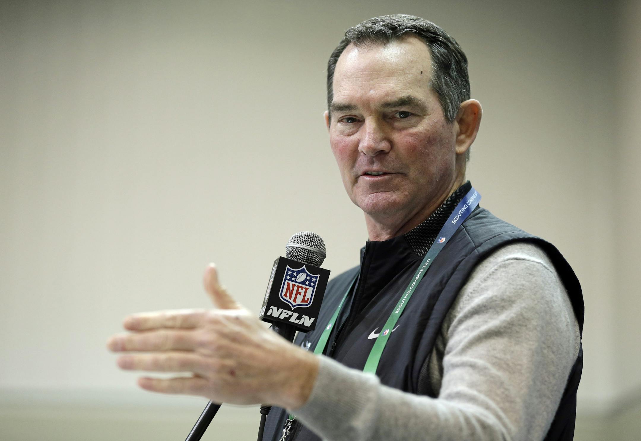 Minnesota Vikings head coach Mike Zimmer speaks during a press conference at the NFL Combine in Indianapolis, Thursday, March 2, 2017. (AP Photo/Michael Conroy) ORG XMIT: INMC101