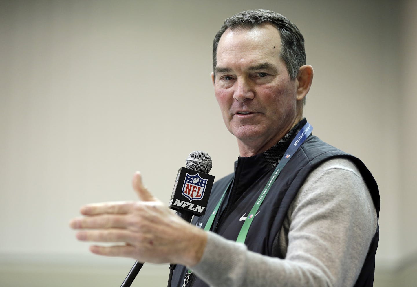 Minnesota Vikings head coach Mike Zimmer speaks during a press conference at the NFL Combine in Indianapolis, Thursday, March 2, 2017. (AP Photo/Michael Conroy) ORG XMIT: INMC101