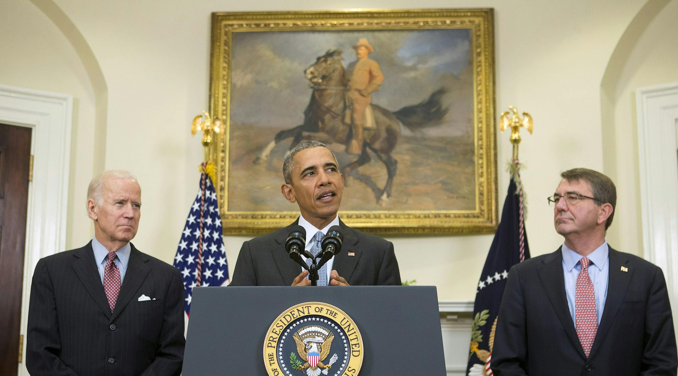 President Barack Obama, accompanied by Vice President Joe Biden and Defense Secretary Ash Carter, speaks in the Roosevelt Room of the White House in Washington, Tuesday, Feb. 23, 2016, to discuss the detention center at Guantanamo Bay, Cuba. The Obama administration released its long-awaited plan to close the detention center at Guantanamo Bay, Cuba, and transfer remaining detainees to a facility in the United States. (AP Photo/Pablo Martinez Monsivais) ORG XMIT: MIN2016022310023629