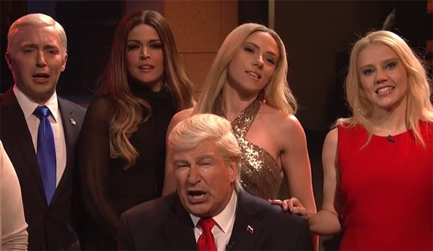 The "Saturday Night Live" season finale featured in its opening Alec Baldwin as President Donald Trump singing "Hallelujah" with a cast of advisers, including Scarlett Johansson as Ivanka Trump.