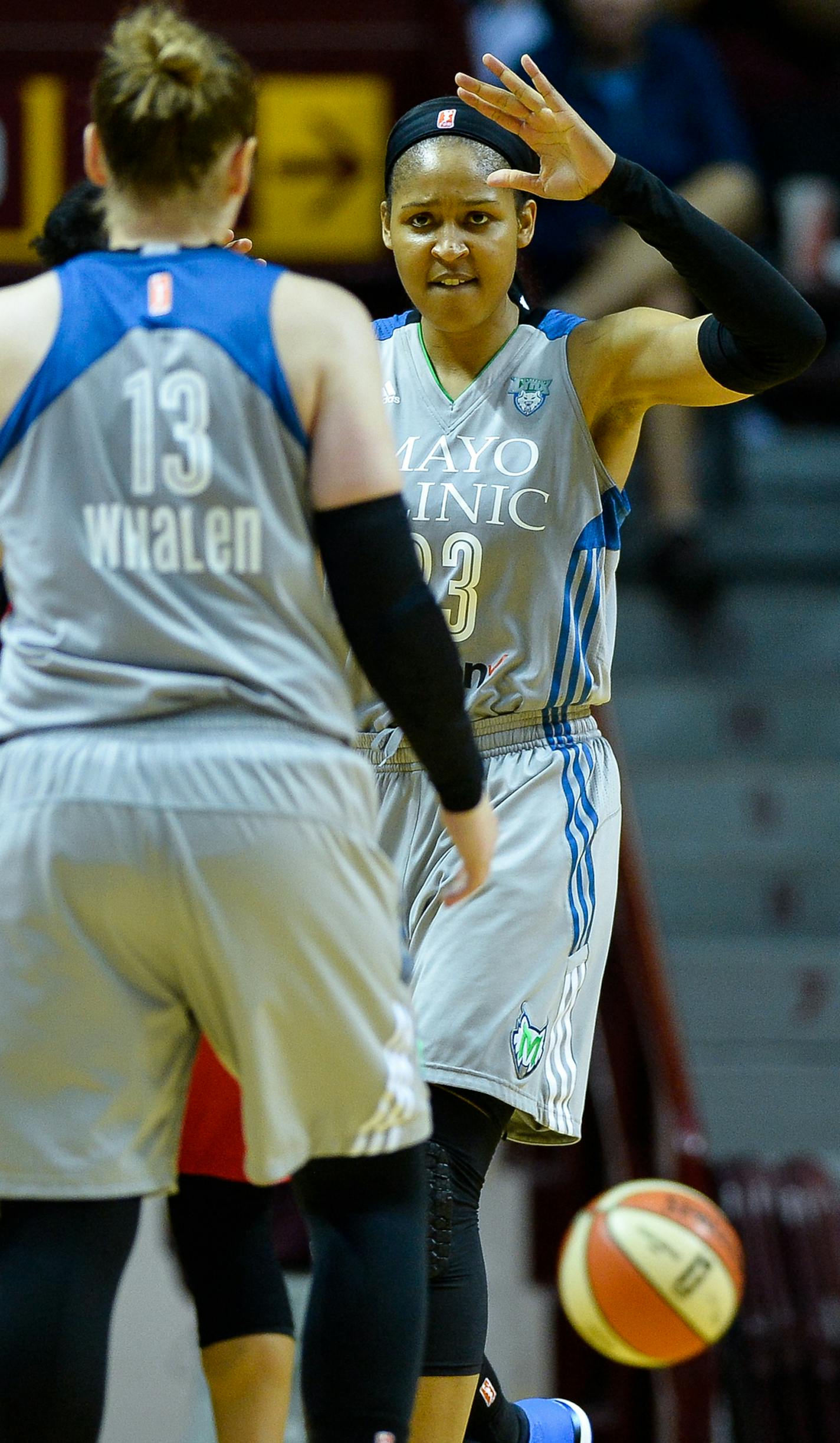 Minnesota Lynx forward Maya Moore (23) and guard Lindsay Whalen (13) high fived after Whalen drew an offensive foul in the third quarter Tuesday night. ] AARON LAVINSKY &#xef; aaron.lavinsky@startribune.com The Minnesota Lynx played the Washington Mystics on Tuesday, Sept. 12, 2017 at Williams Arena in Minneapolis, Minn.