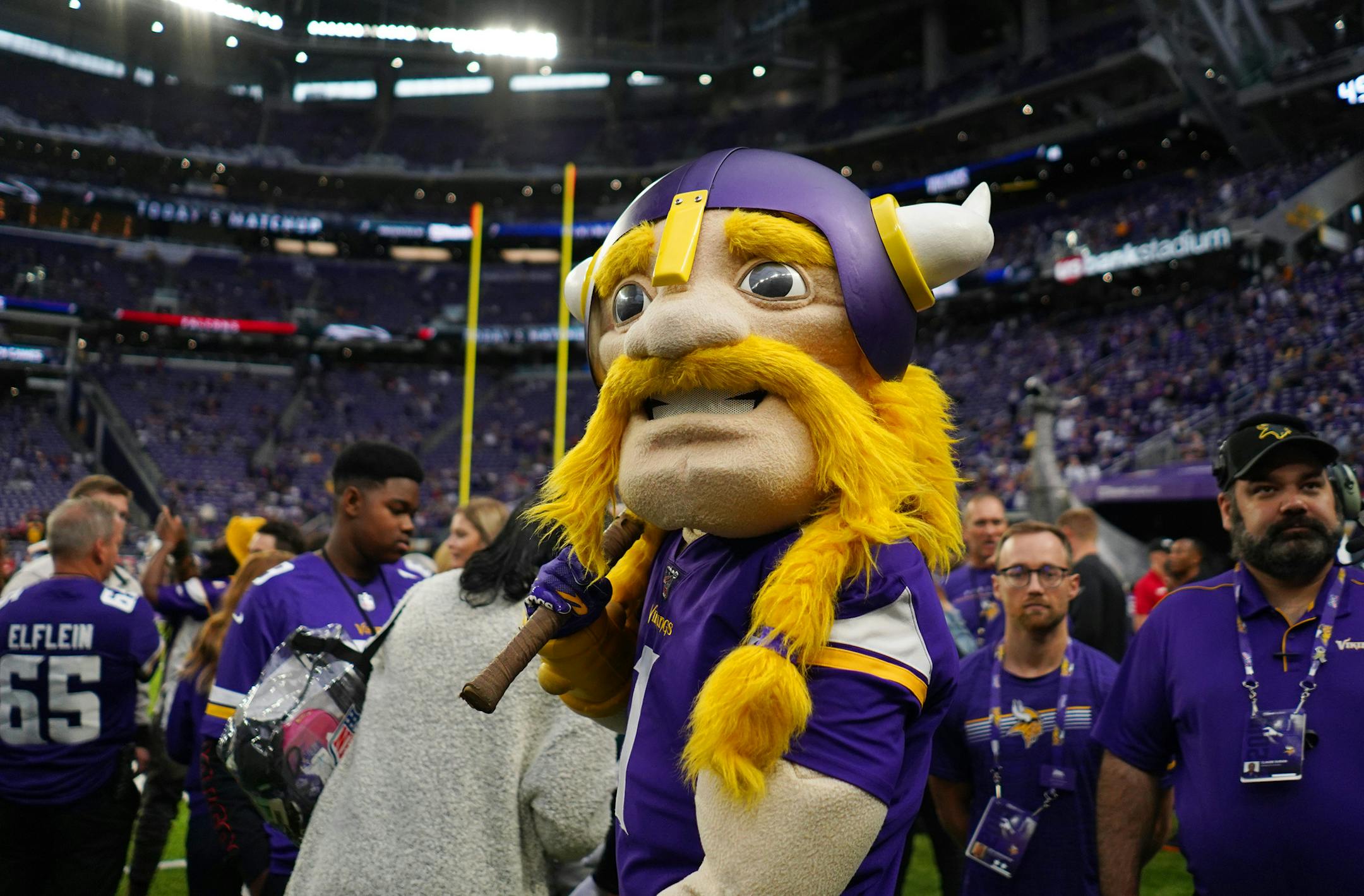 Viktor the Viking wandered the sidelines ahead of Sunday's game against the Atlanta Falcons. ] ANTHONY SOUFFLE • anthony.souffle@startribune.com The Minnesota Vikings played the Atlanta Falcons in their NFL season opener Sunday, Sept. 8, 2019 at U.S. Bank Stadium in Minneapolis.