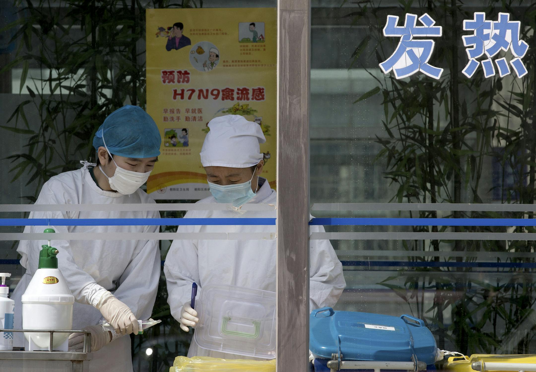 Nurses collect patients' blood samples at a specialized fever clinic inside the Ditan Hospital, where a Chinese girl is being treated for the H7N9 strain of bird flu, in Beijing Sunday, April 14, 2013. A World Health Organization official said Sunday that it wasn't surprising that a new strain of bird flu has spread to China's capital after sickening dozens in the eastern part of the country. (AP Photo/Andy Wong)