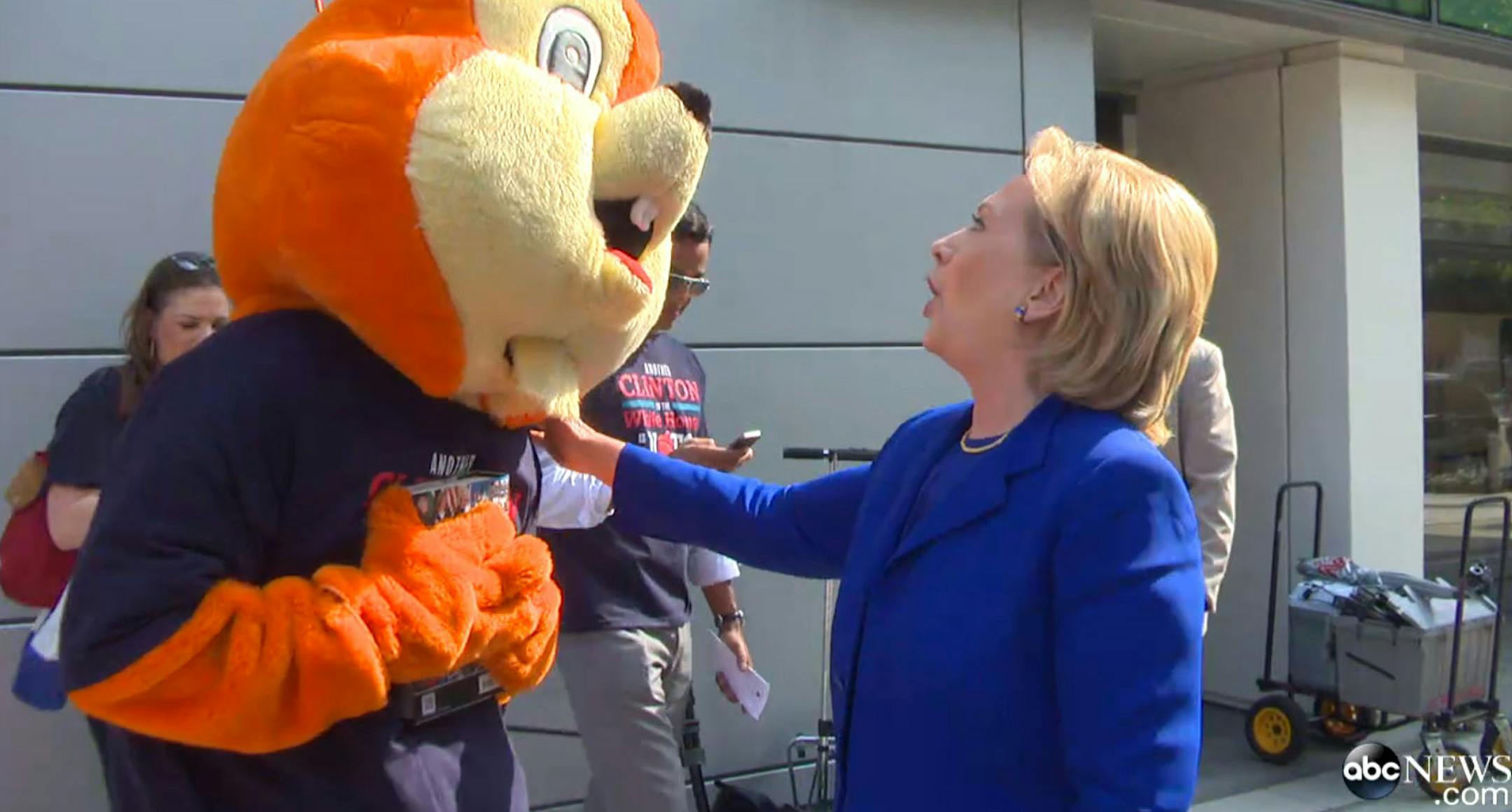 ABC News Sreen grab of news video of Hillary Clinton and person dressed up like a giant squirrel, who fol¬≠lowed her from during book signings around Washington, D.C.