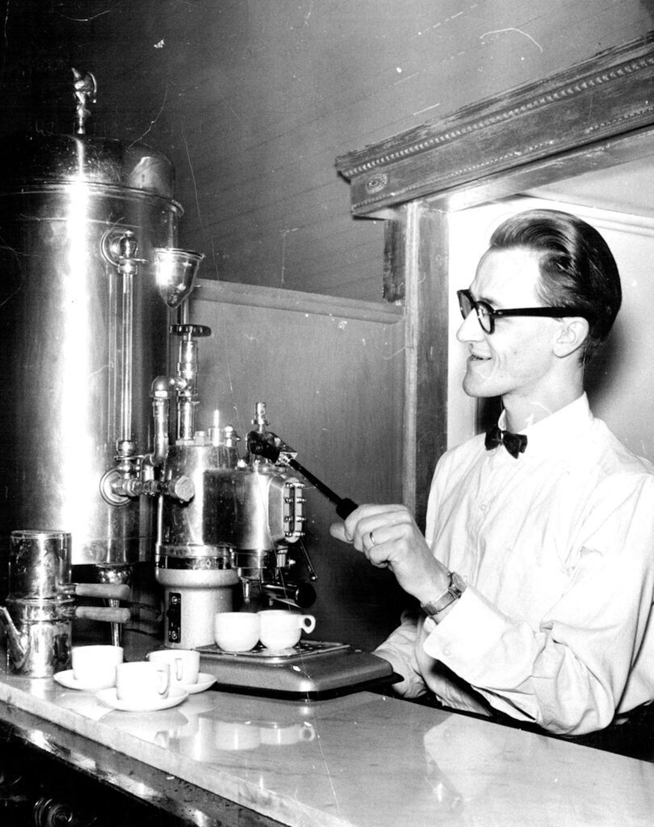 October 1958: "Dudley and Ruth Riggs have turned a radiator shop into Cafe Espresso at 18 SE. University Av. Gilded ice cream chairs, claret walls and ceiling, maroon and gold side-aisle curtains from Radio City theater, metal gates and wooden pillars add to the genial atmosphere common to continental coffee houses."
