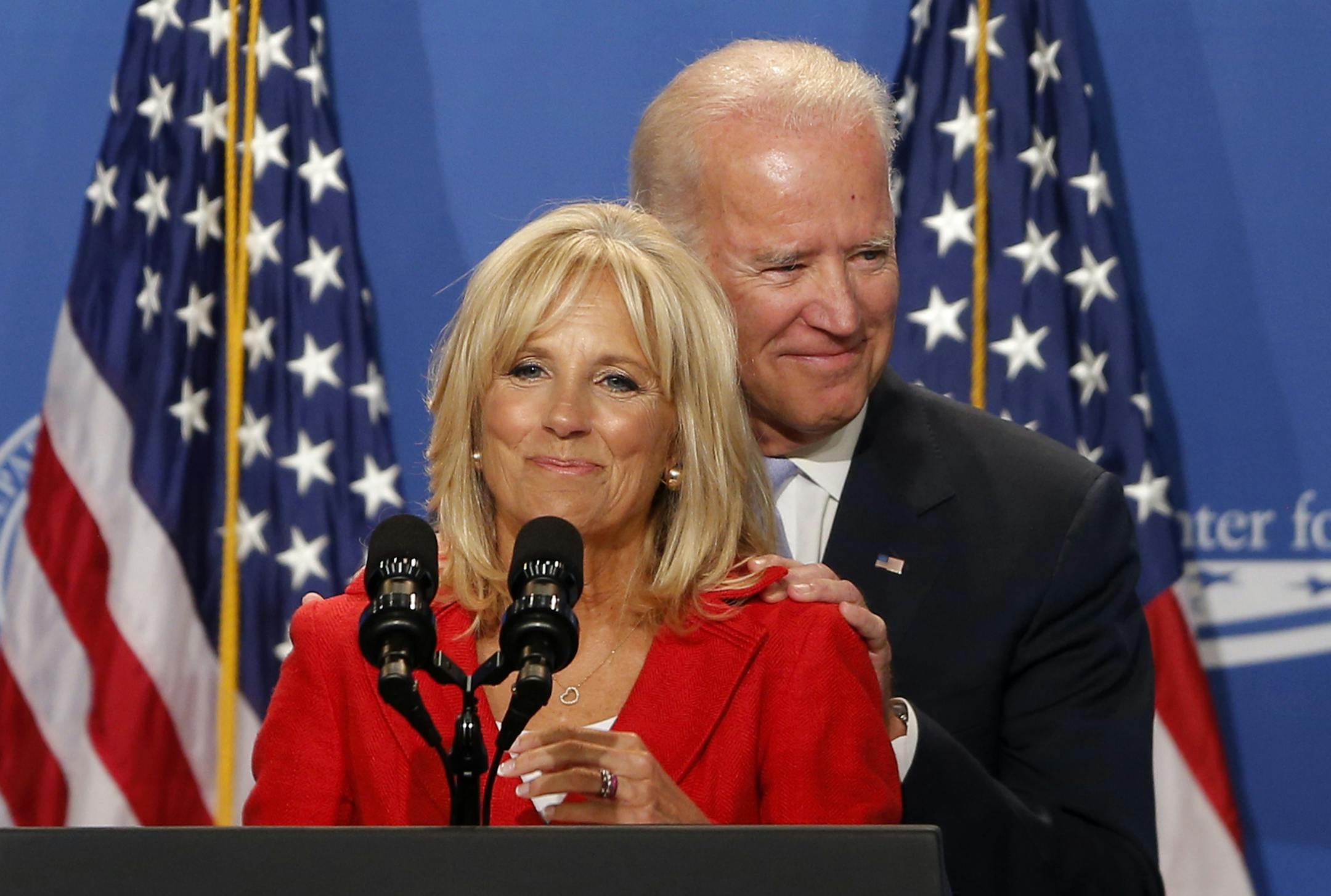 Jill Biden introduces her husband, U.S. Vice President Joe Biden, at The White House Summit on Working Families, Monday, June 23, 2014, in Washington. The gathering, organized by the White House, Labor Department and the Center for American Progress, highlights the challenges and offers solutions faced by working families in America. (AP Photo/Charles Dharapak)