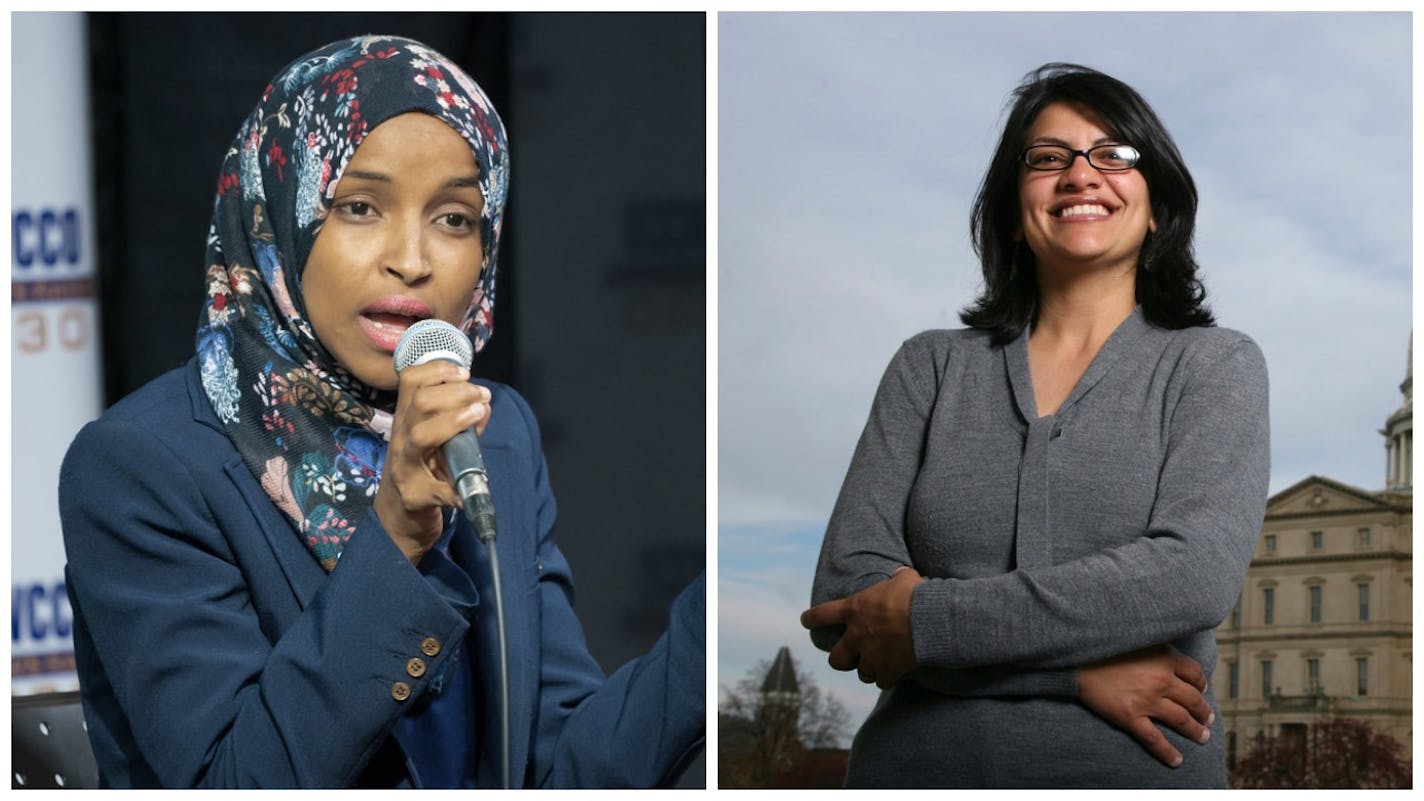 Minnesota state Rep. Ilhan Omar, left, and Rashida Tlaib, a congressional candidate in Detroit.