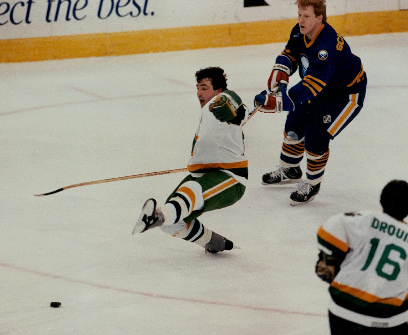 In 1990, Parise was hooked during an Old-Timers Game at Met Center. The player on the right is former Buffalo star Jim