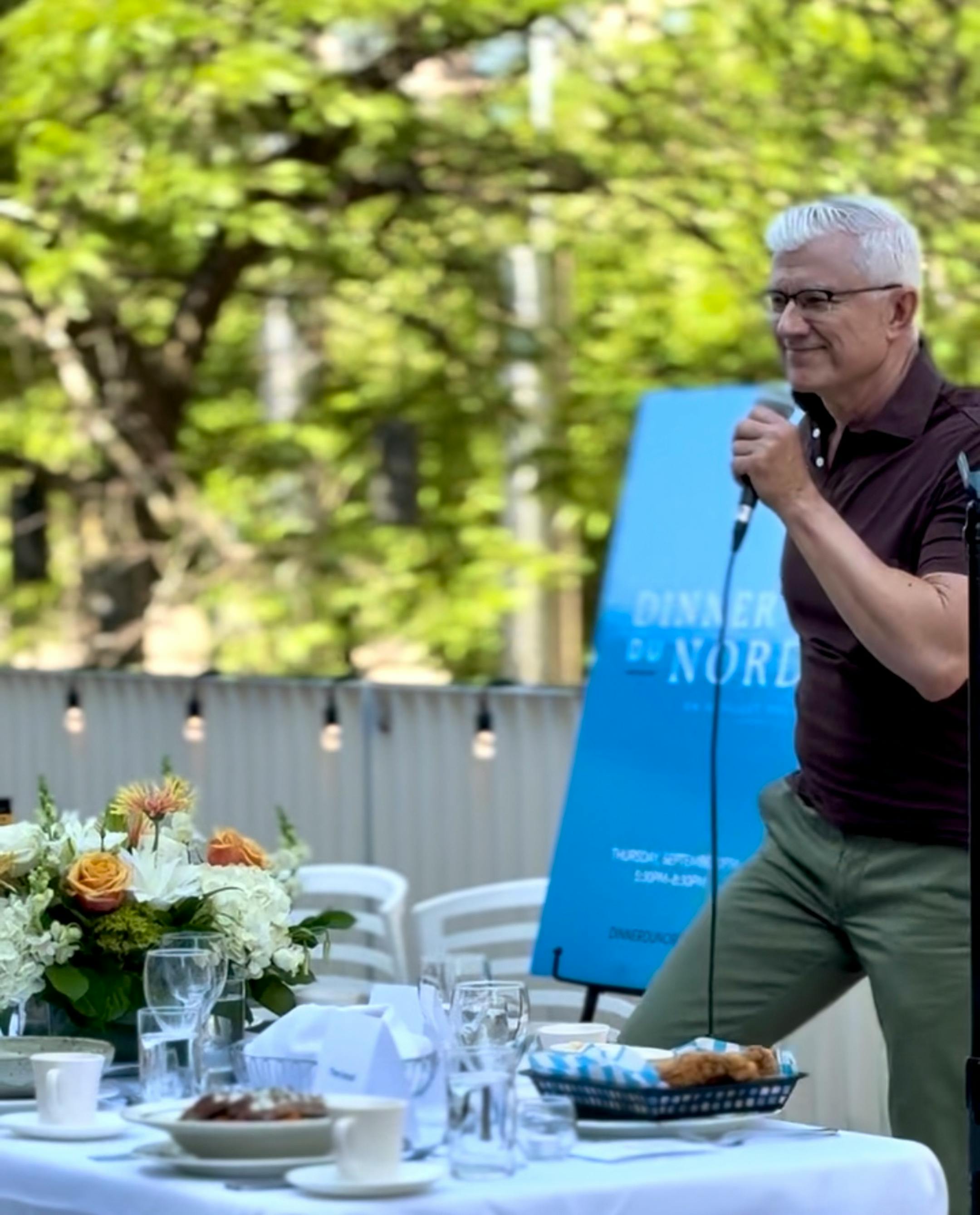 Scott Mayer announces Dinner du Nord at a press conference at Peavey Plaza, July 1, 2025.