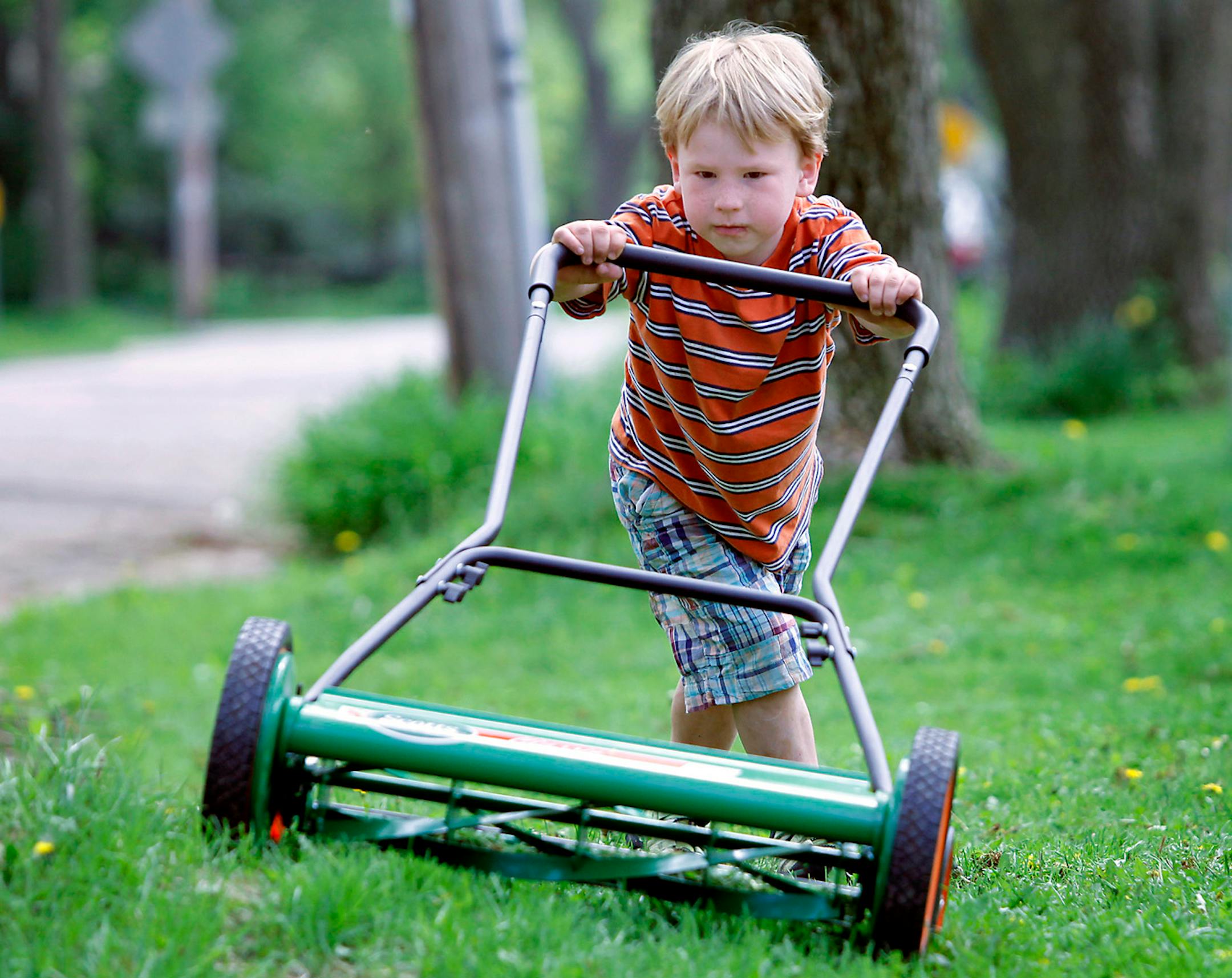 Theo Hubanks appears to relish the rigors of yard work while assisting his mother with a grass-cutting project outside their Madison, Wis. home.