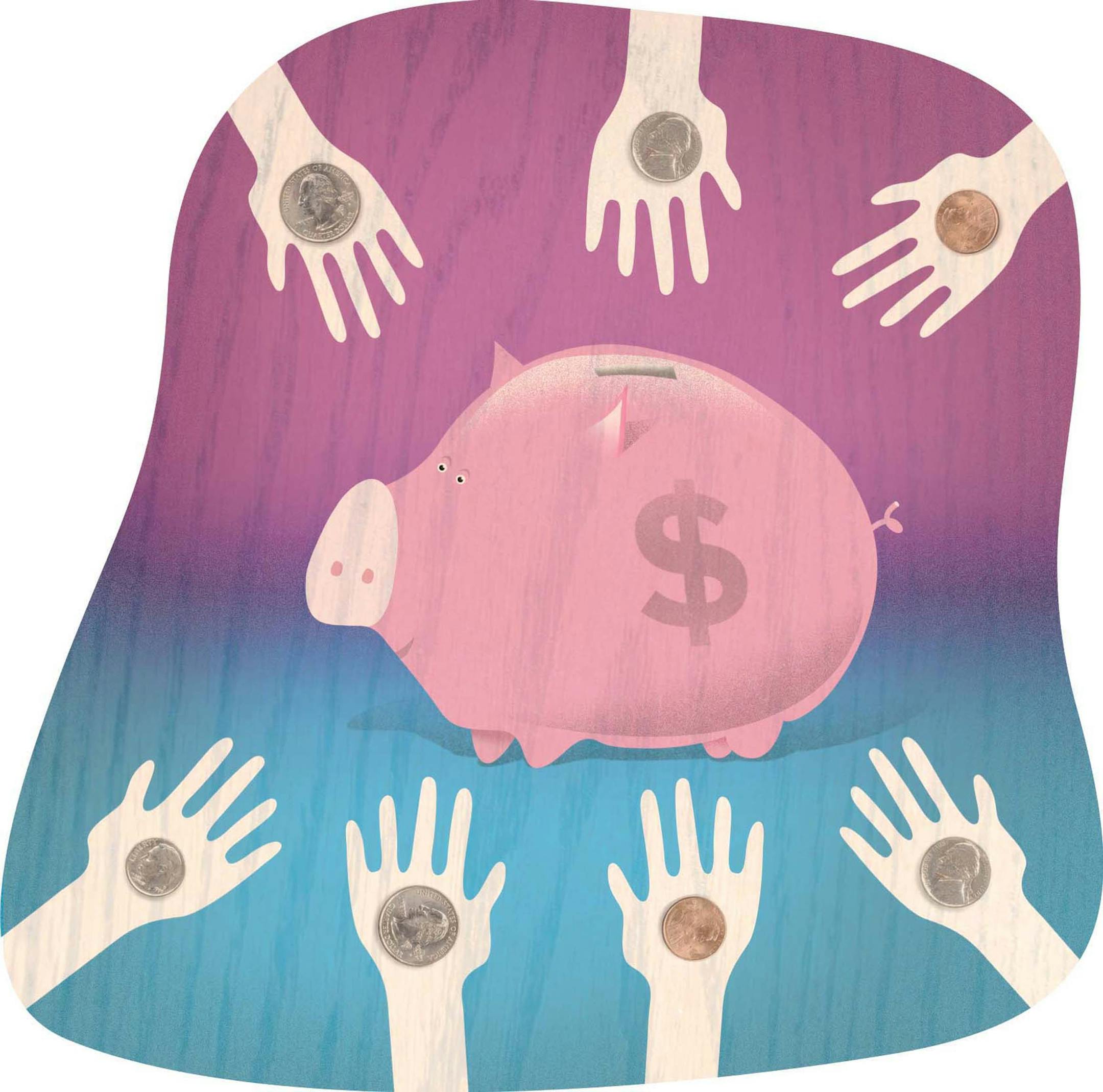 300 dpi Robert West color illustration of small hands holding pennies, nickels, dimes and quarters toward piggy bank in center. The Philadelphia Inquirer 2007<p> KEYWORDS: piggy bank illustration money savings pig animal hands change penny quarter dime nickel dime kids college fund 04000000, FIN, 04006002, 04006018, bank, banking, BNK, krtfinancialservice financial services, krtnamer north america, krtpersonalfinance personal finance, krtusbusiness, u.s. us united states, ph contributor coddingt