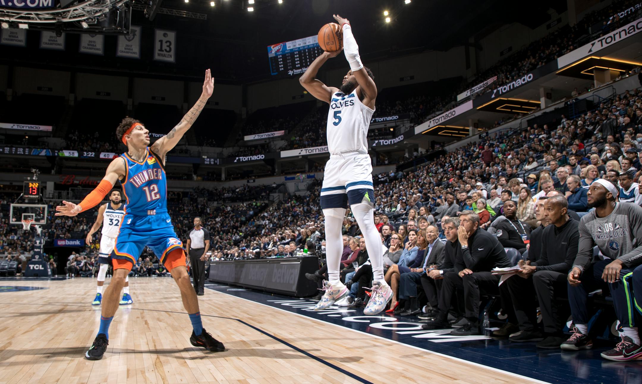 Malik Beasley (5) of the Minnesota Timberwolves makes a three point shot in the second quarter.